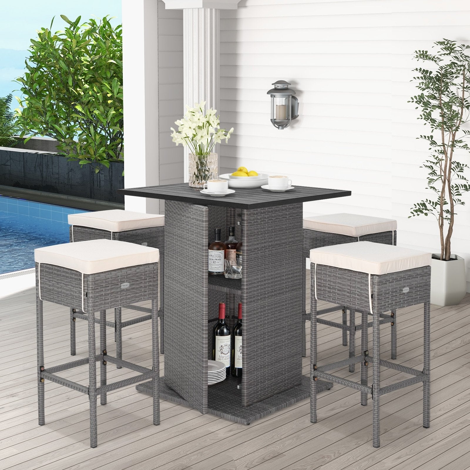 5 Pieces Outdoor Wicker Bar Table Set with Hidden Storage Shelves, Beige Patio Bar Furniture   at Gallery Canada