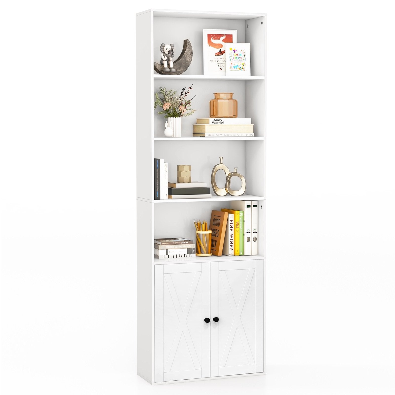 71 Inch Freestanding Bookshelf with 6 Shelves and 2-Door Cabinet, White - Gallery Canada