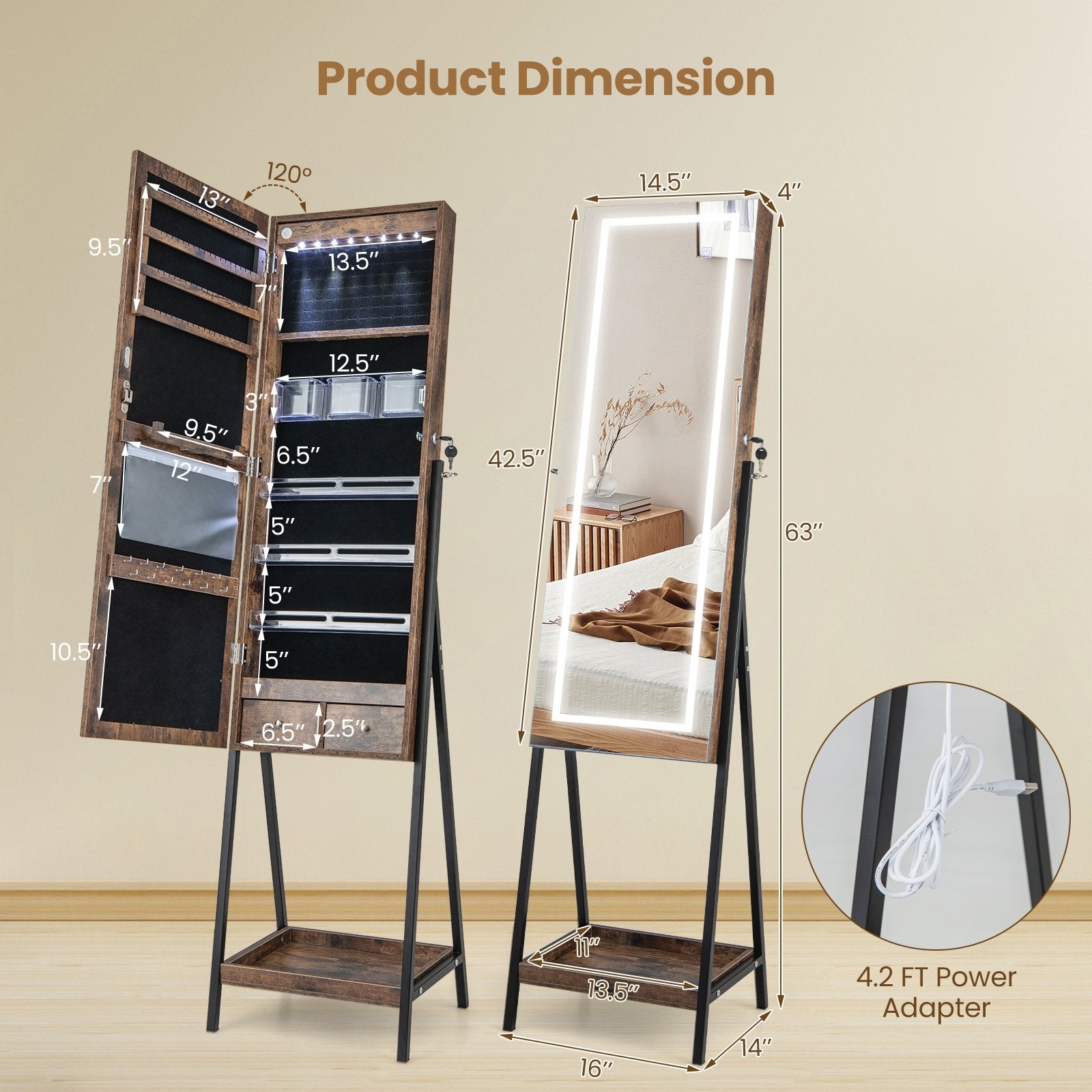 LED Standing Jewelry Mirror Cabinet with 3-Color Lighted Full-Length Mirror, Rustic Brown Jewelry Armoires   at Gallery Canada