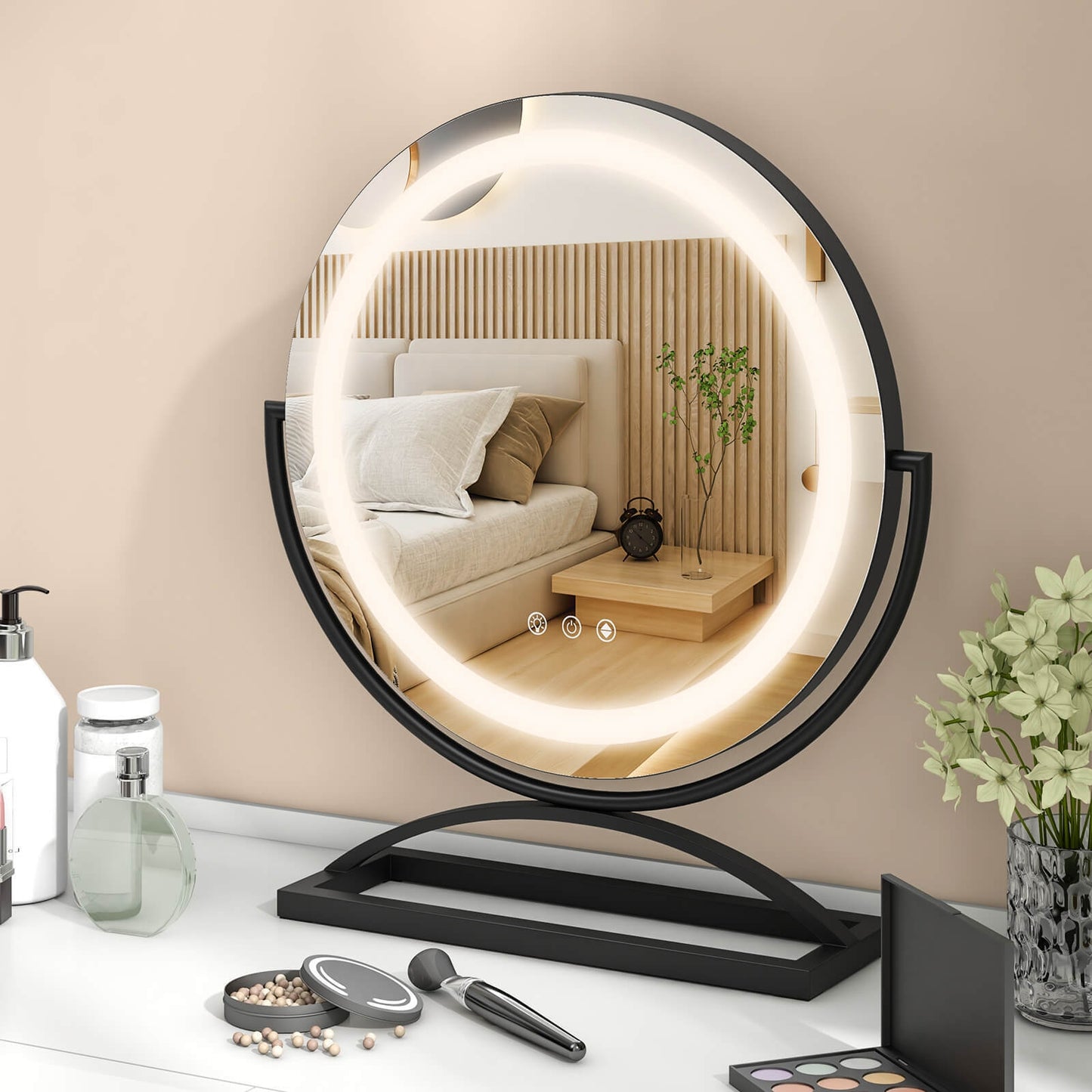 16 Inch Round Makeup Vanity Mirror with 3 Color Dimmable LED Lighting, Black Mirrors   at Gallery Canada