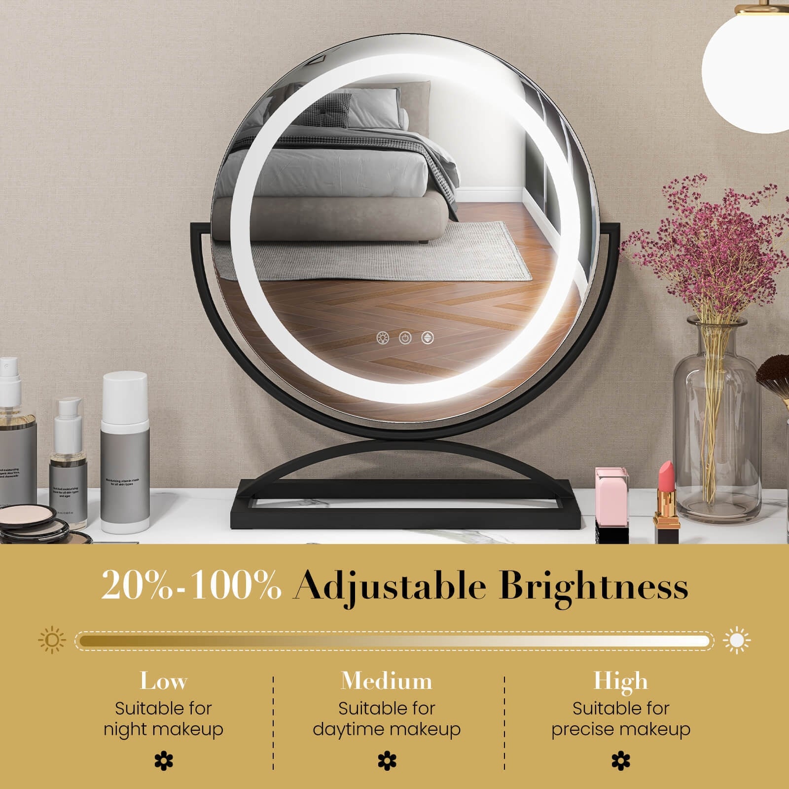 16 Inch Round Makeup Vanity Mirror with 3 Color Dimmable LED Lighting, Black Mirrors   at Gallery Canada