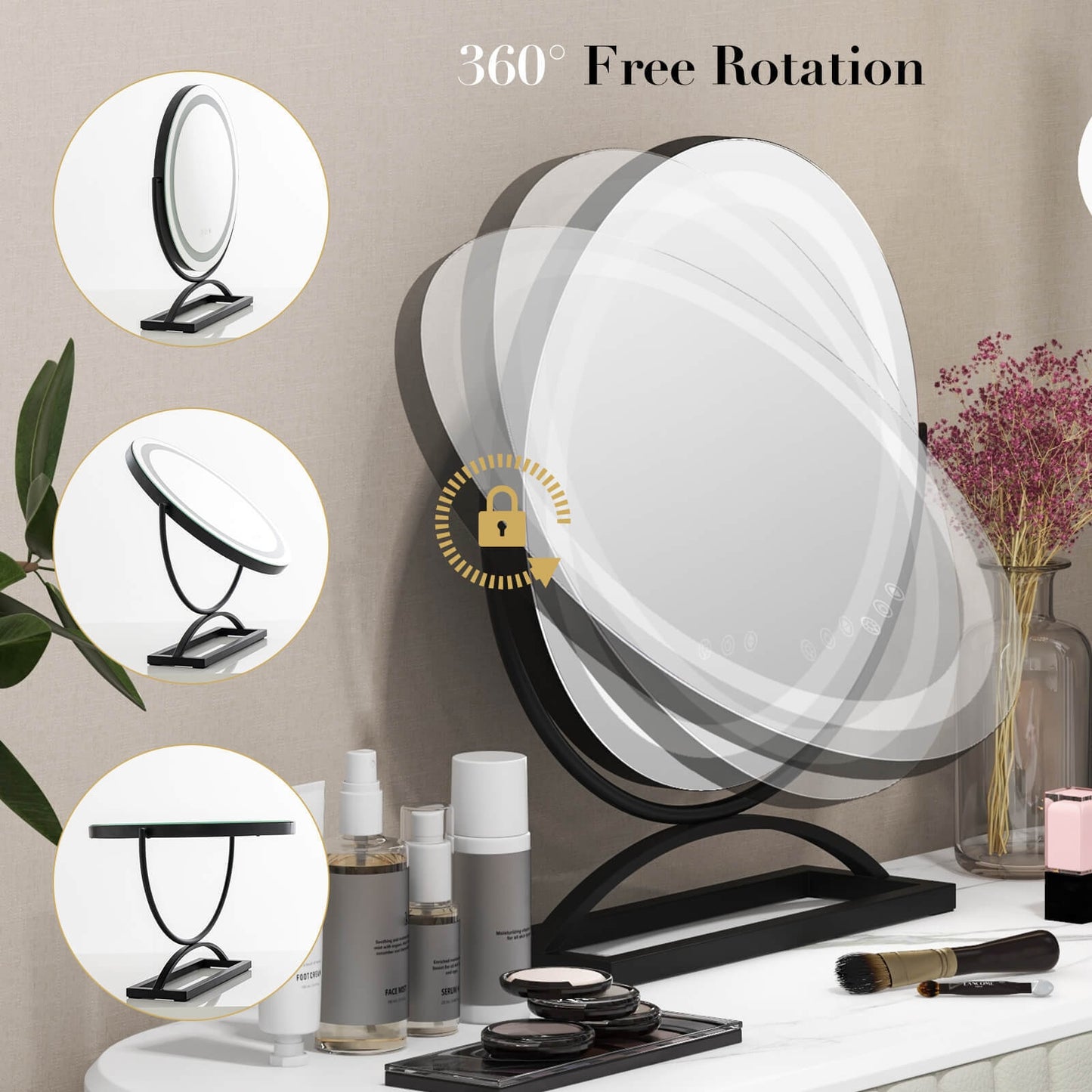 16 Inch Round Makeup Vanity Mirror with 3 Color Dimmable LED Lighting, Black Mirrors   at Gallery Canada