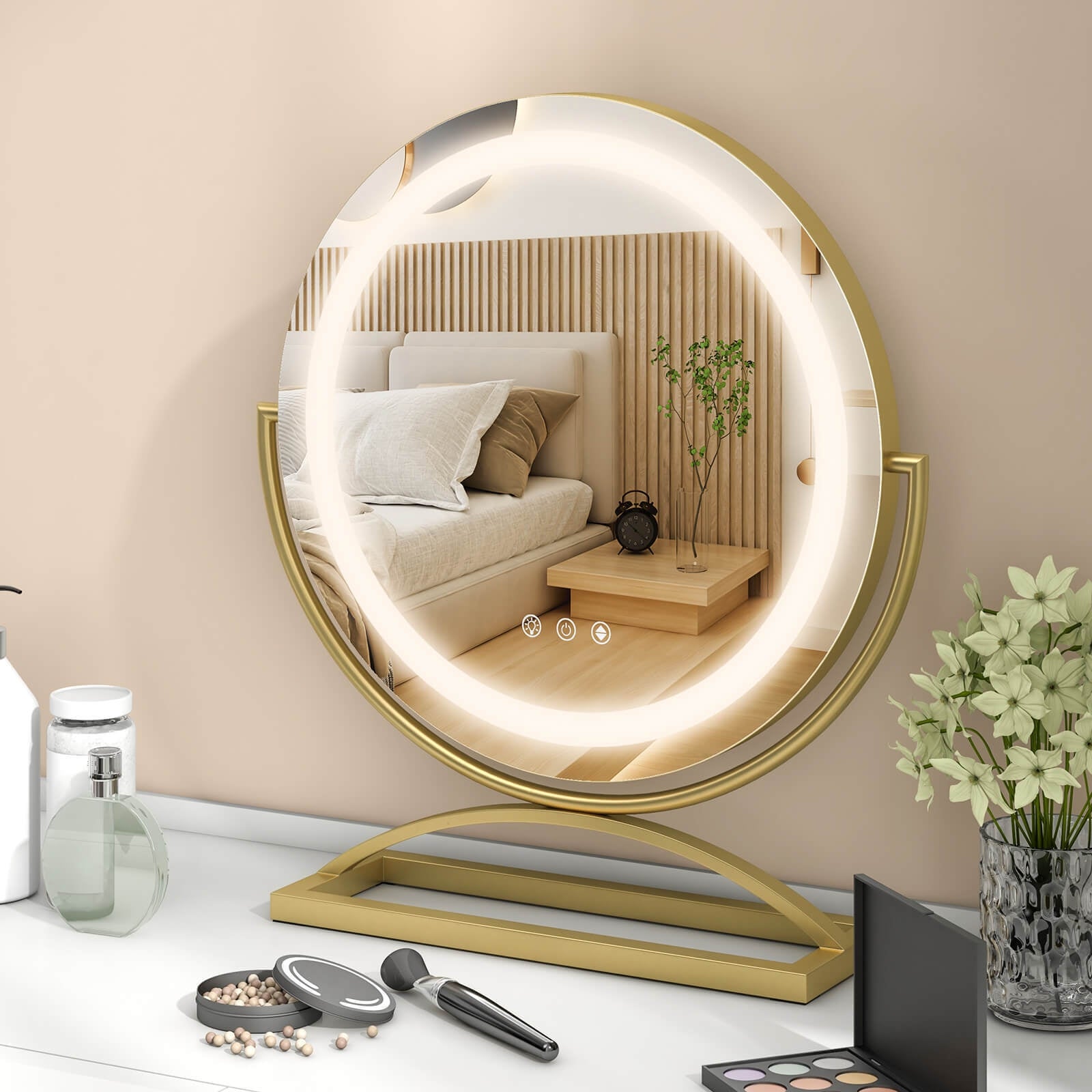 16 Inch Round Makeup Vanity Mirror with 3 Color Dimmable LED Lighting, Golden Mirrors   at Gallery Canada