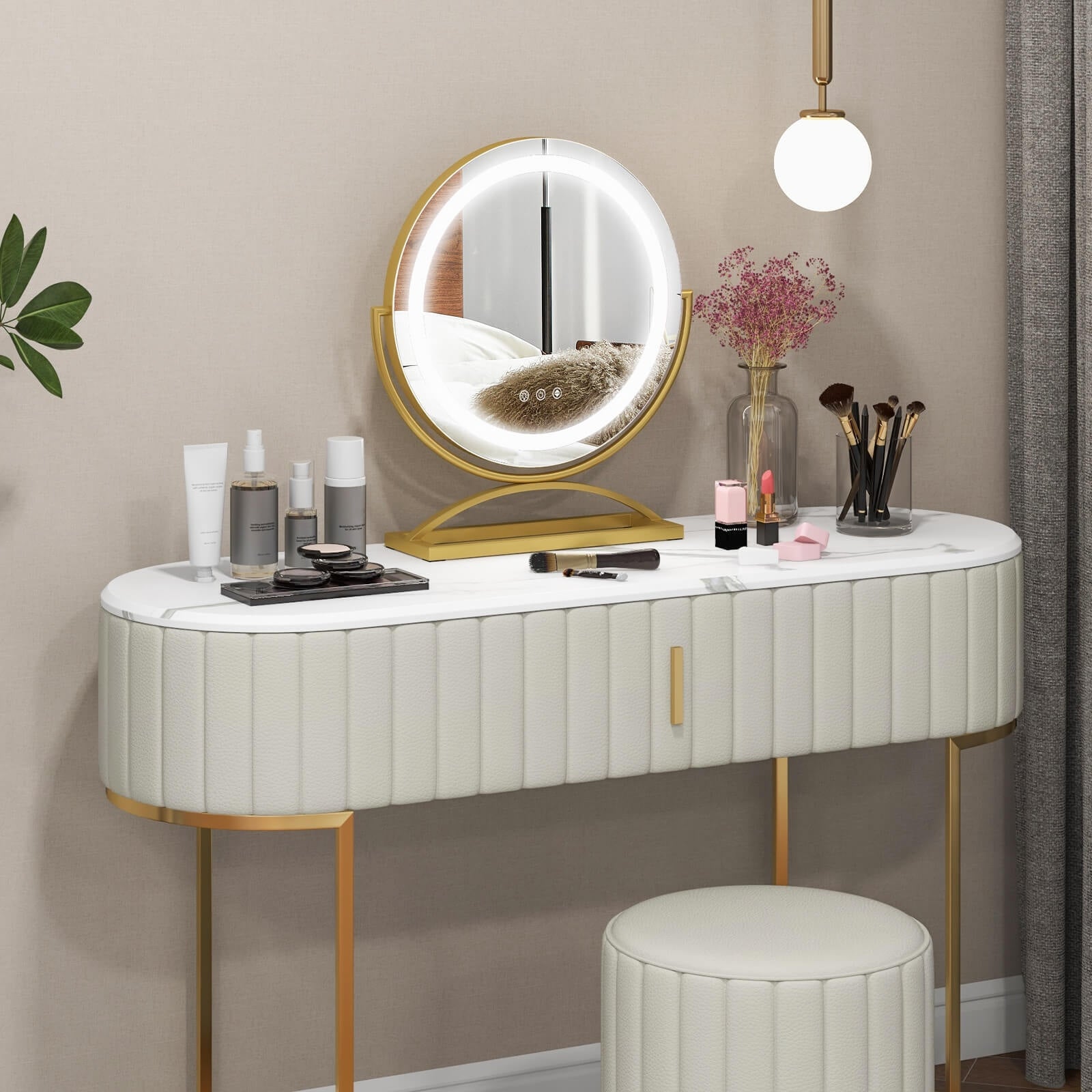 16 Inch Round Makeup Vanity Mirror with 3 Color Dimmable LED Lighting, Golden Mirrors   at Gallery Canada