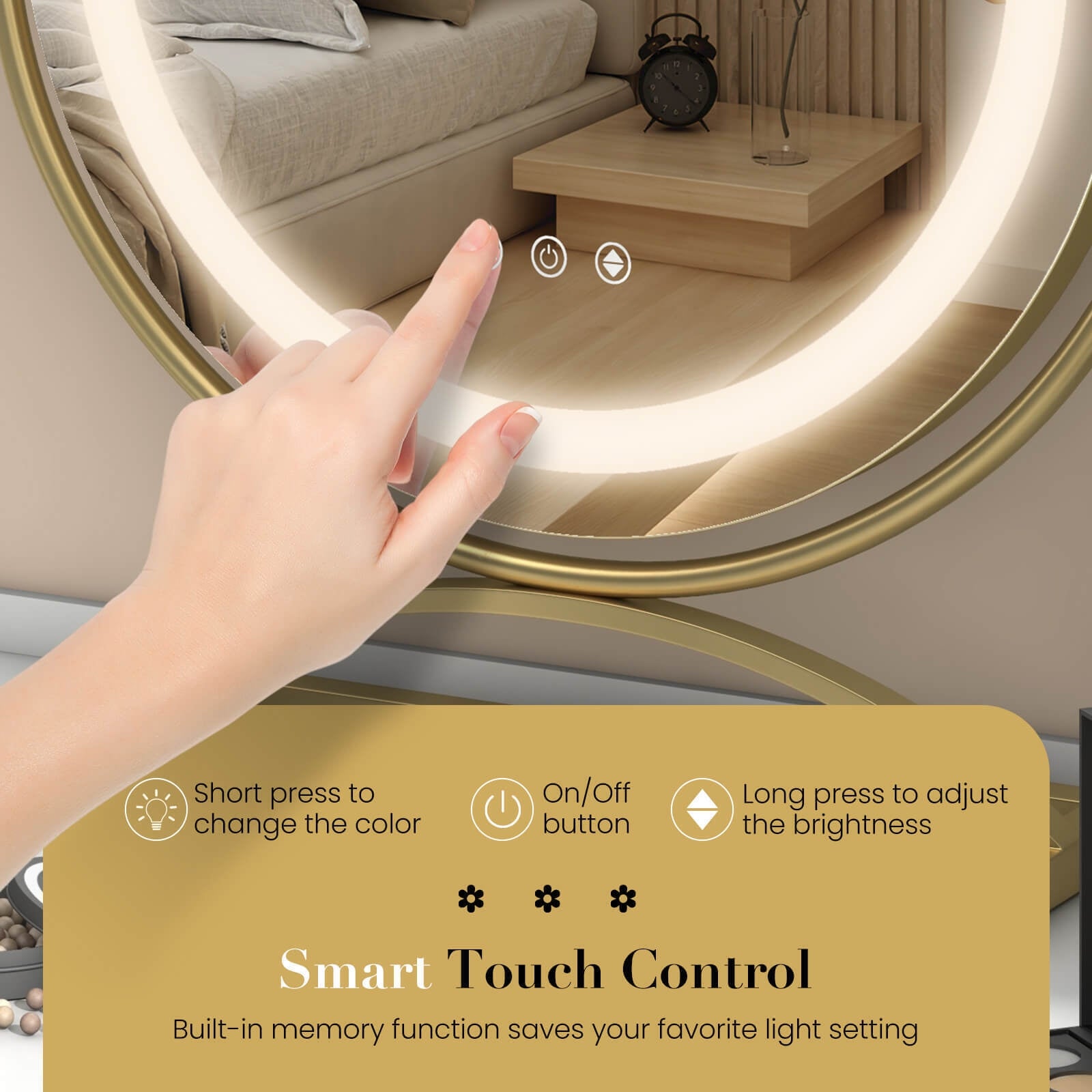 16 Inch Round Makeup Vanity Mirror with 3 Color Dimmable LED Lighting, Golden Mirrors   at Gallery Canada