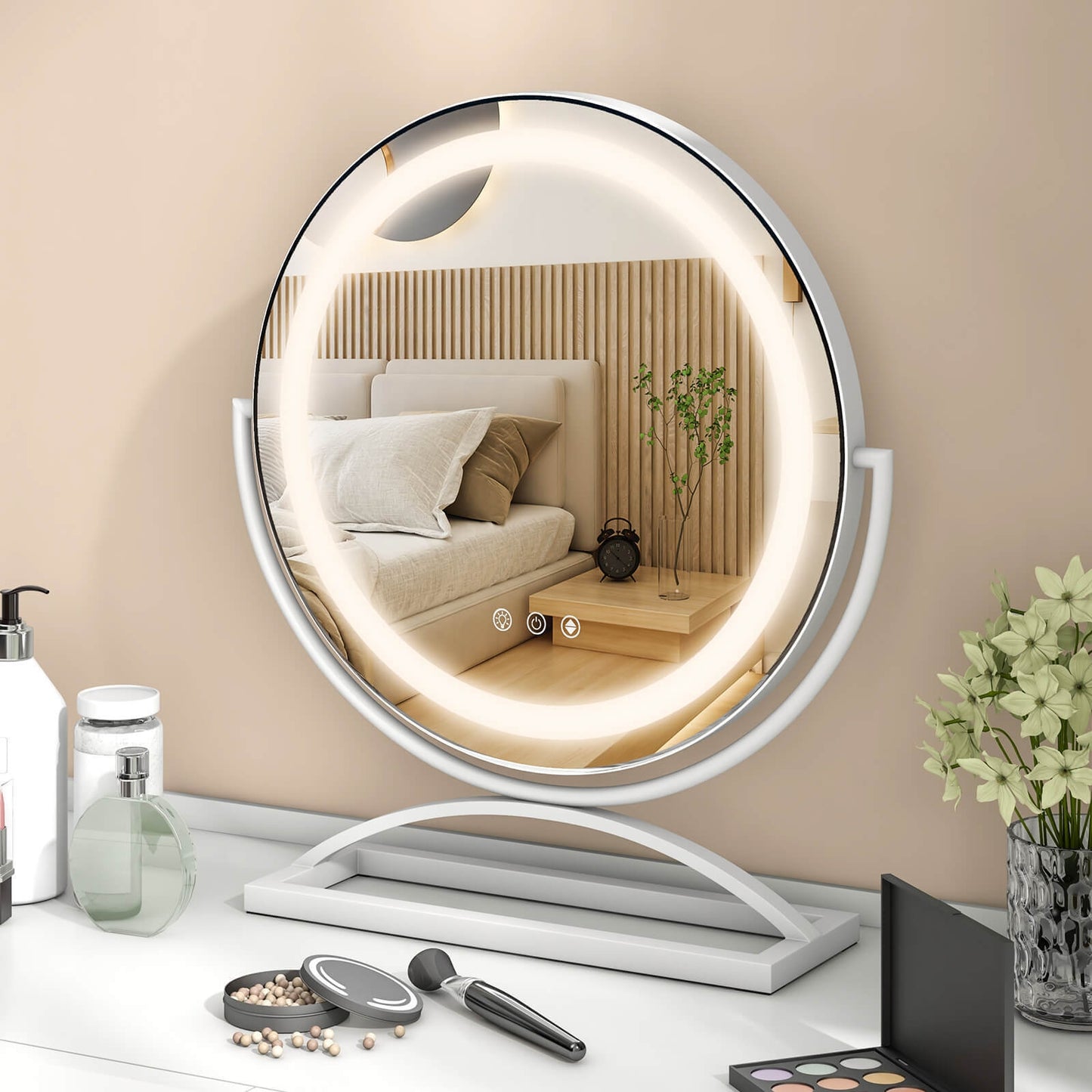 16 Inch Round Makeup Vanity Mirror with 3 Color Dimmable LED Lighting, White Mirrors   at Gallery Canada