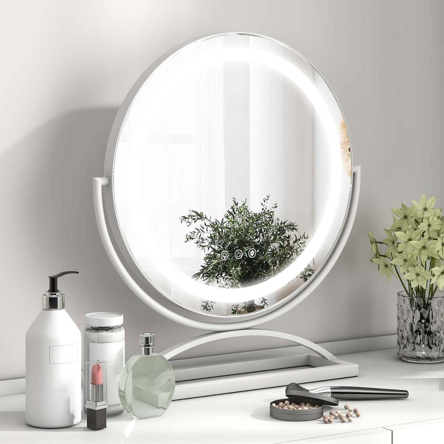 16 Inch Round Makeup Vanity Mirror with 3 Color Dimmable LED Lighting, White Mirrors   at Gallery Canada