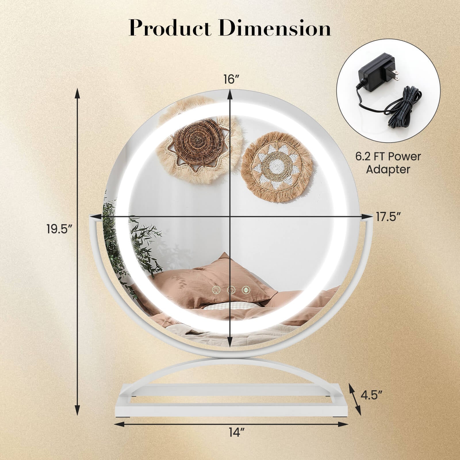 16 Inch Round Makeup Vanity Mirror with 3 Color Dimmable LED Lighting, White Mirrors   at Gallery Canada