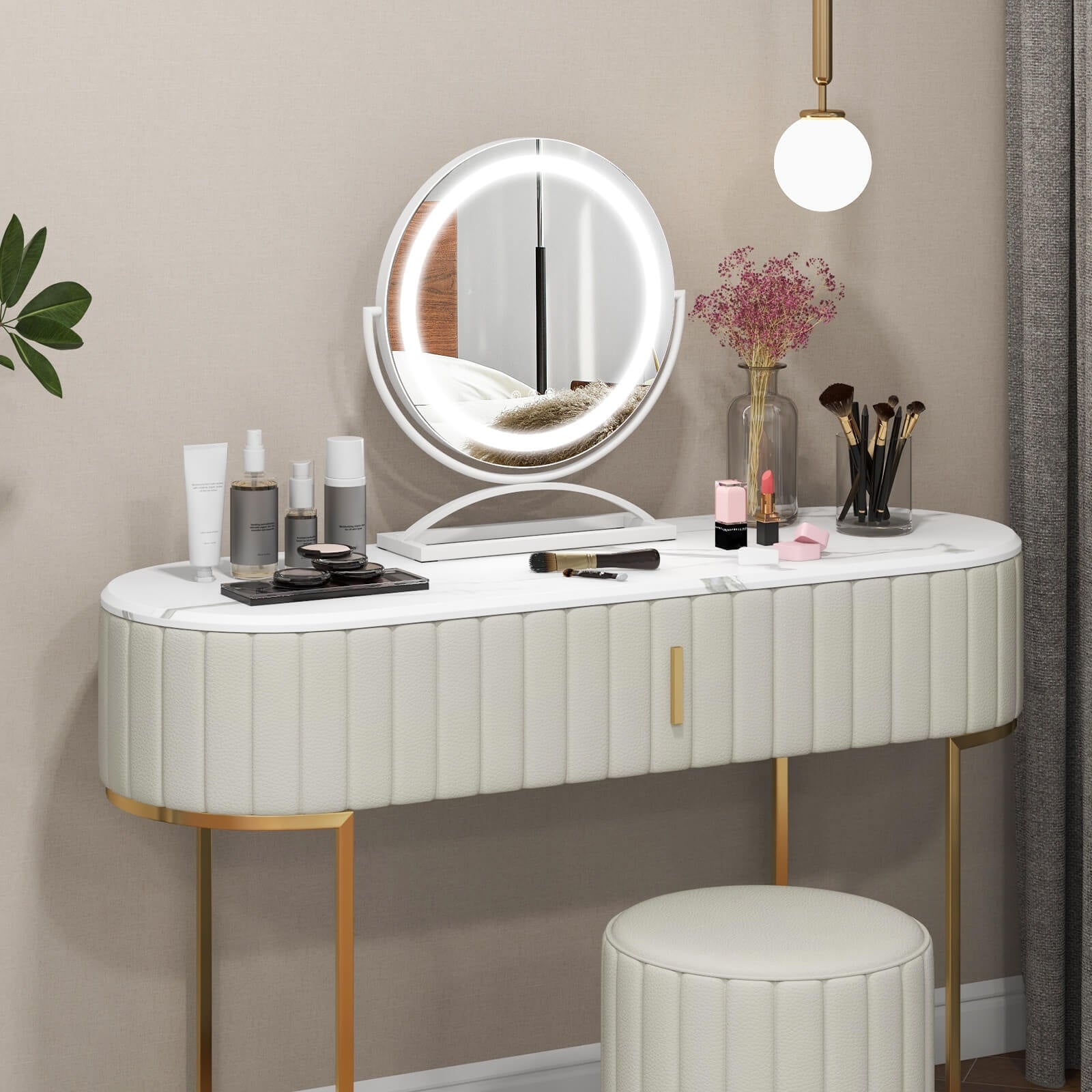 16 Inch Round Makeup Vanity Mirror with 3 Color Dimmable LED Lighting, White Mirrors   at Gallery Canada