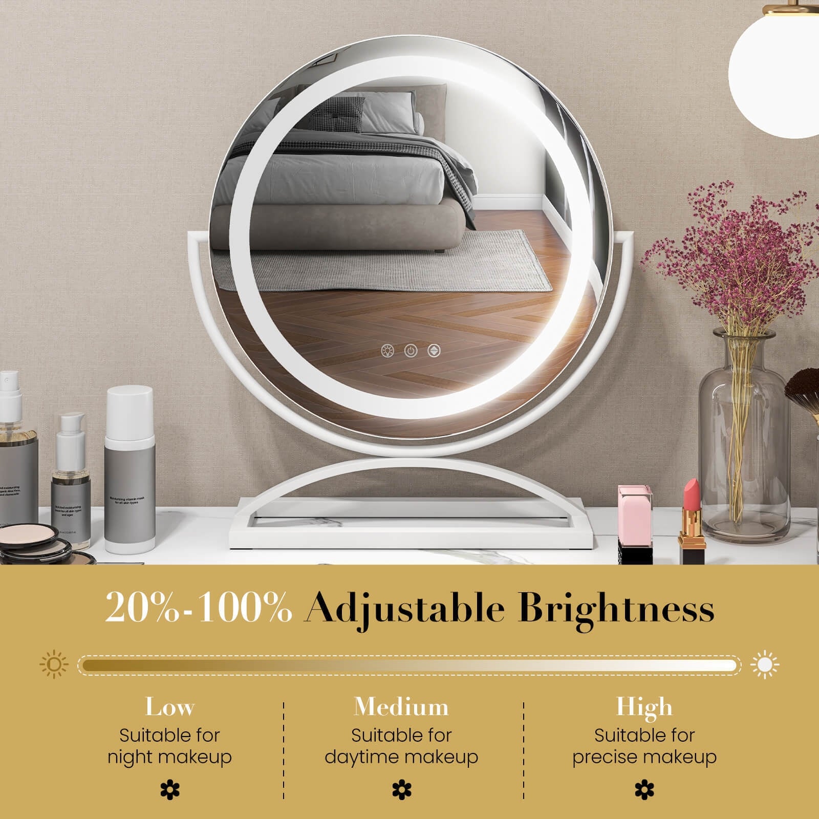 16 Inch Round Makeup Vanity Mirror with 3 Color Dimmable LED Lighting, White Mirrors   at Gallery Canada