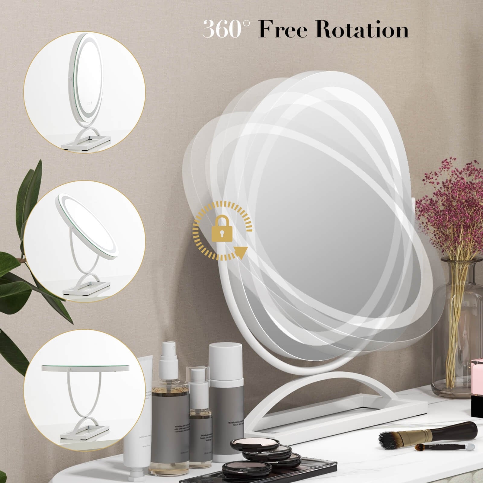 16 Inch Round Makeup Vanity Mirror with 3 Color Dimmable LED Lighting, White Mirrors   at Gallery Canada