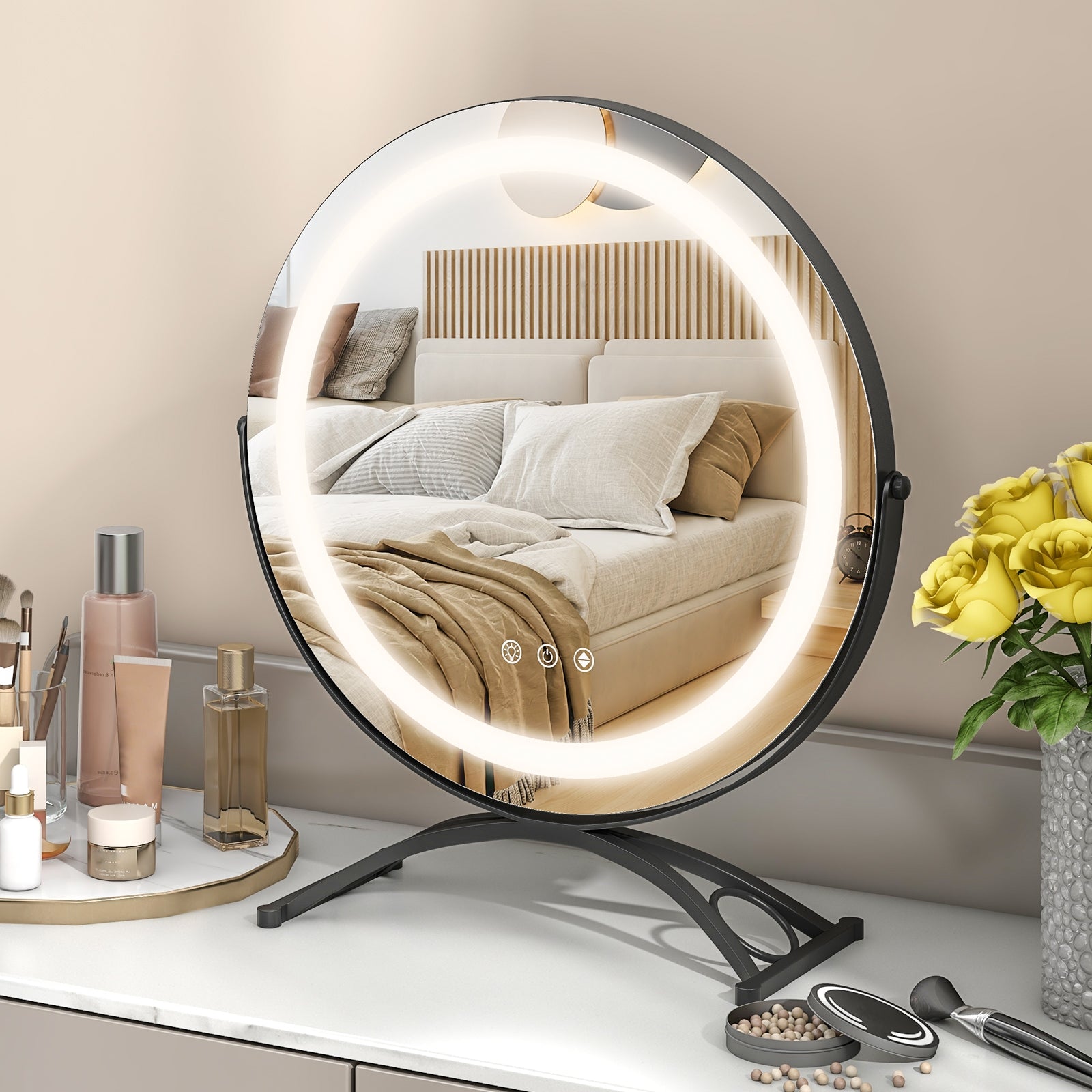 16 x 16 Inch Round LED Vanity Mirror with 3-Color Lighting and Brightness Dimming, Black Makeup Vanities at Gallery Canada