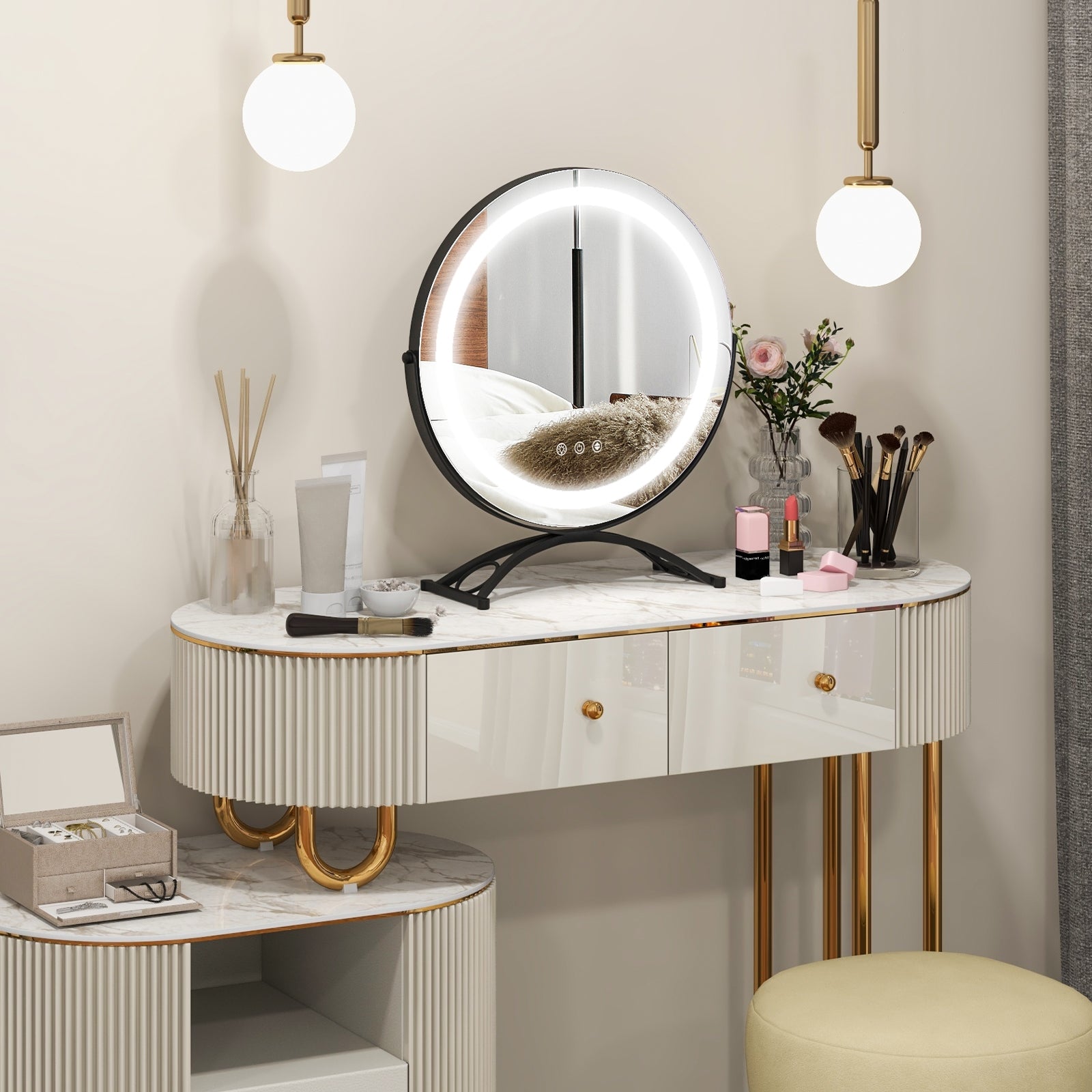 16 x 16 Inch Round LED Vanity Mirror with 3-Color Lighting and Brightness Dimming, Black Makeup Vanities at Gallery Canada