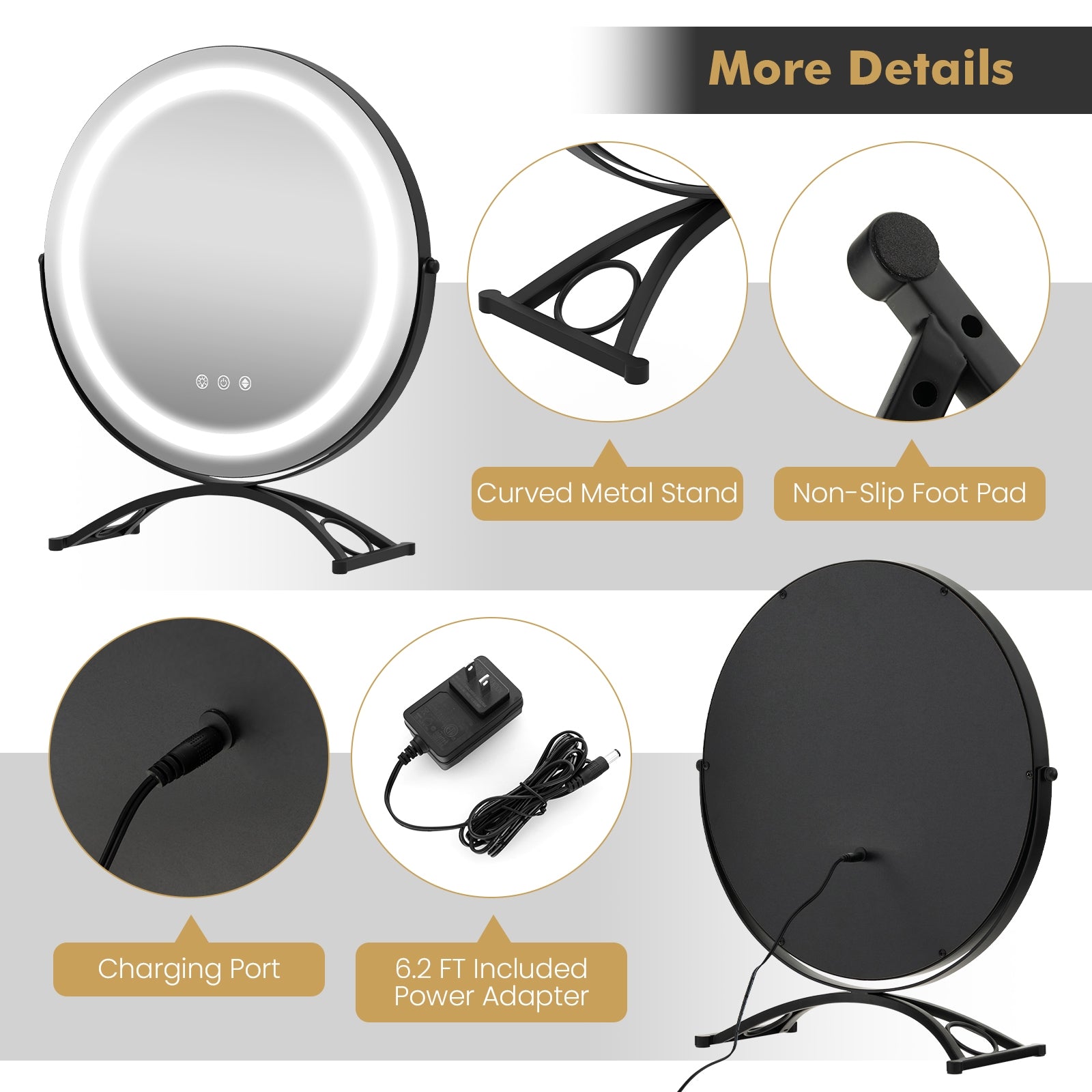 16 x 16 Inch Round LED Vanity Mirror with 3-Color Lighting and Brightness Dimming, Black Makeup Vanities at Gallery Canada