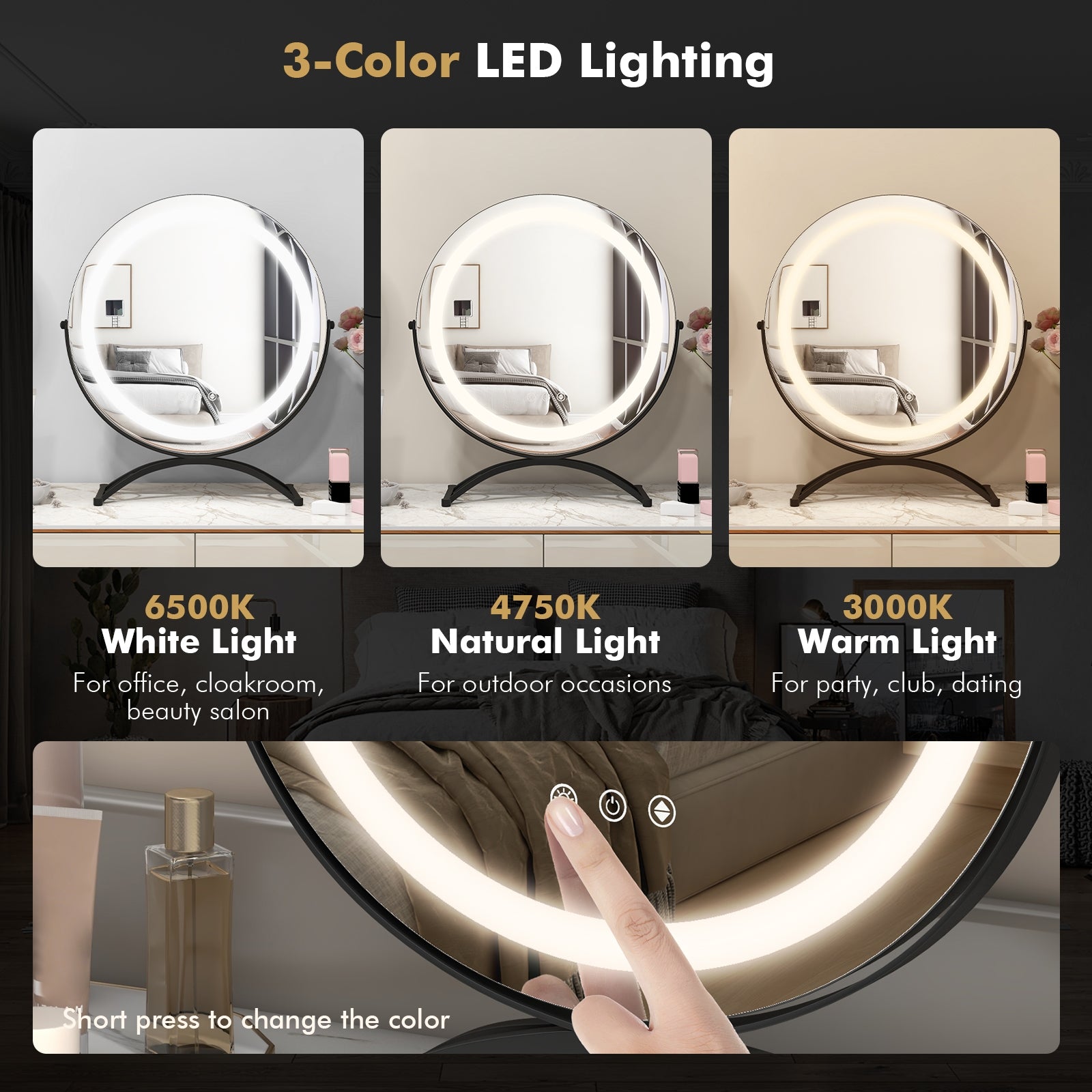 16 x 16 Inch Round LED Vanity Mirror with 3-Color Lighting and Brightness Dimming, Black Makeup Vanities at Gallery Canada