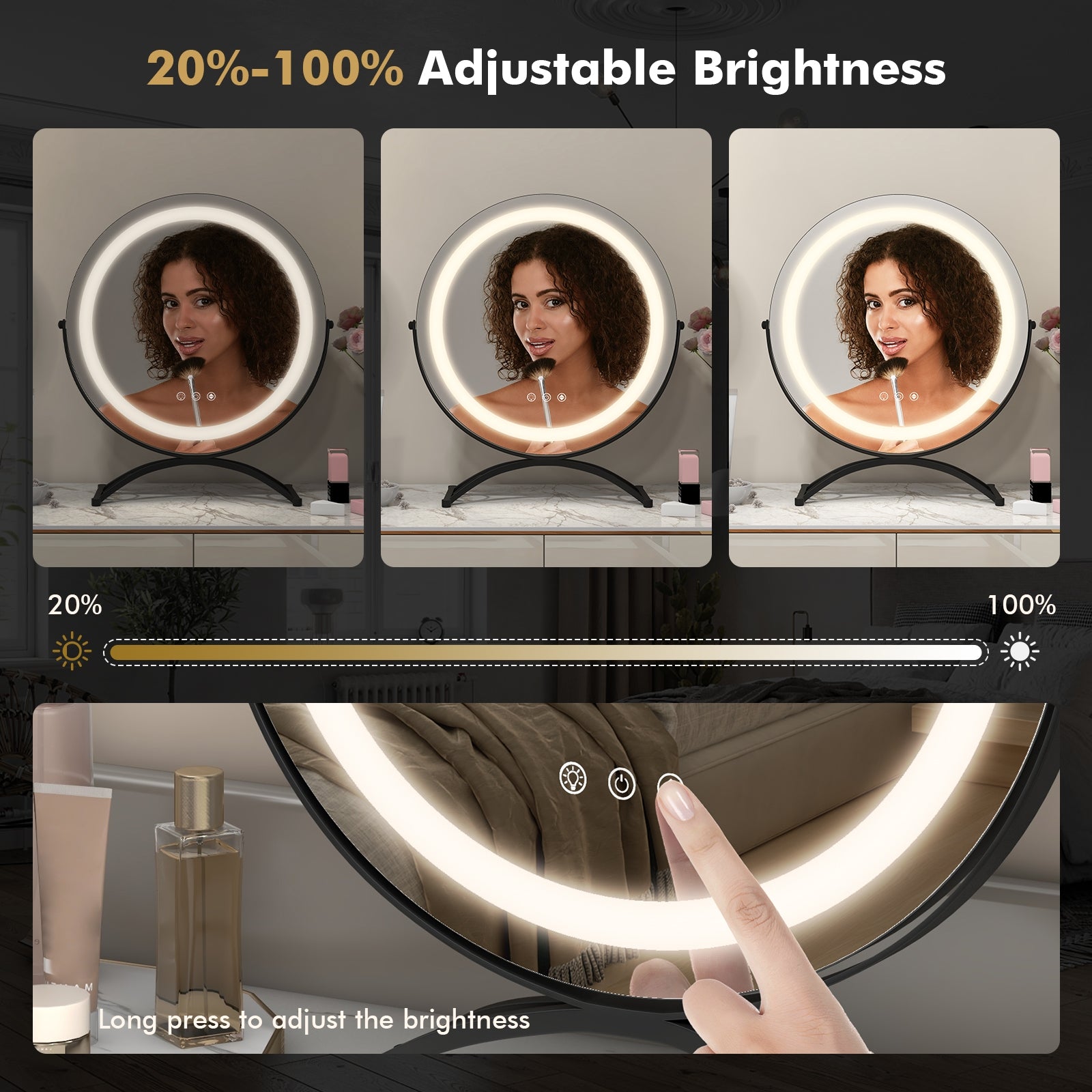 16 x 16 Inch Round LED Vanity Mirror with 3-Color Lighting and Brightness Dimming, Black Makeup Vanities at Gallery Canada