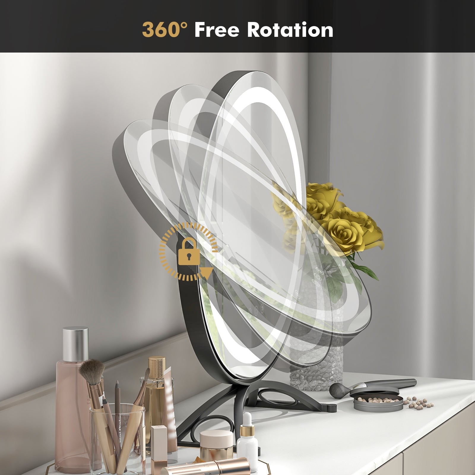 16 x 16 Inch Round LED Vanity Mirror with 3-Color Lighting and Brightness Dimming, Black Makeup Vanities at Gallery Canada