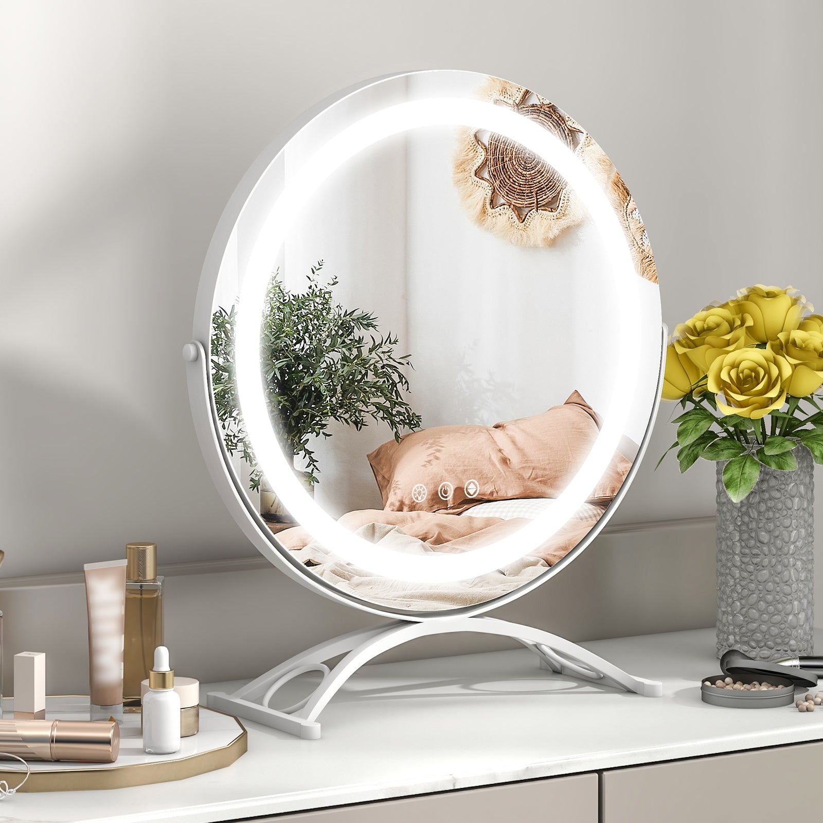 16 x 16 Inch Round LED Vanity Mirror with 3-Color Lighting and Brightness Dimming, White Makeup Vanities at Gallery Canada