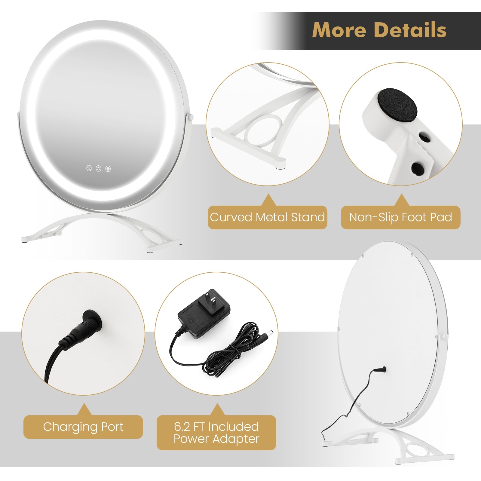 16 x 16 Inch Round LED Vanity Mirror with 3-Color Lighting and Brightness Dimming, White Makeup Vanities at Gallery Canada