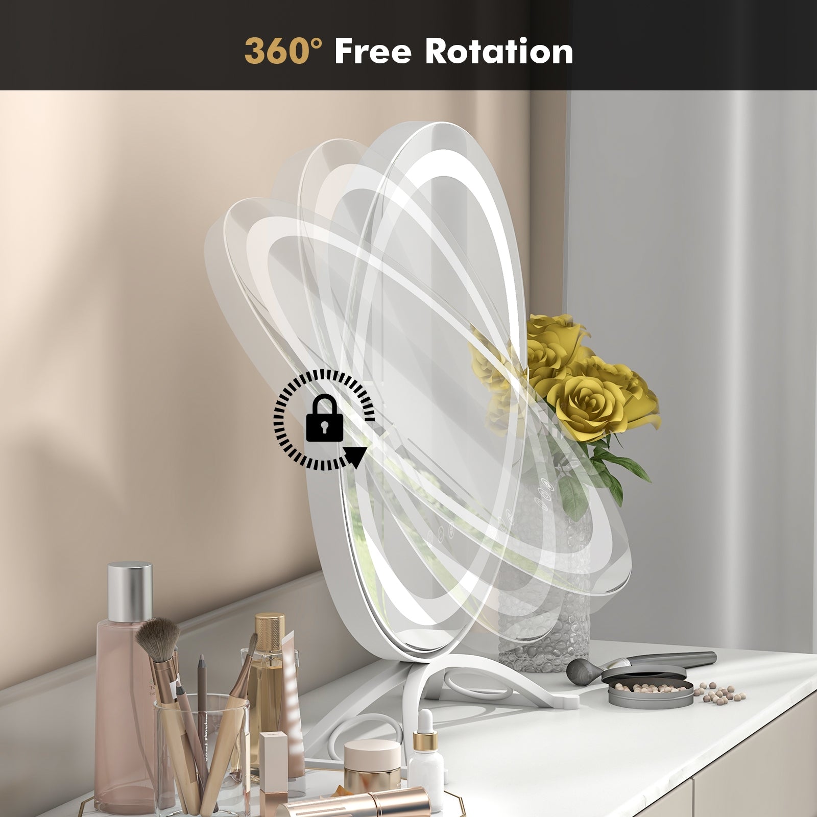 16 x 16 Inch Round LED Vanity Mirror with 3-Color Lighting and Brightness Dimming, White Makeup Vanities at Gallery Canada