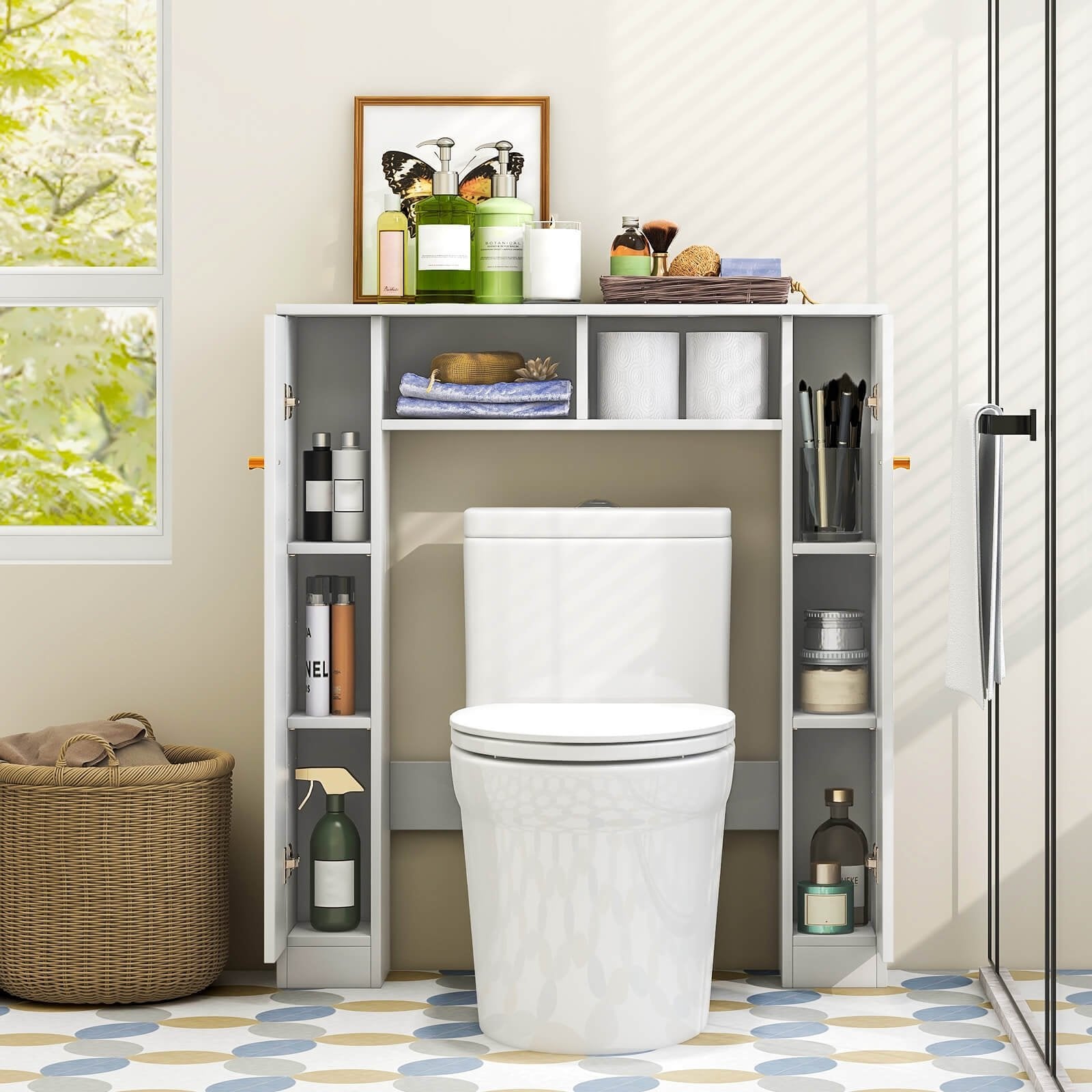 Over The Toilet Storage Cabinet with 2 Open Compartments and 4 Adjustable Shelves, White Bathroom Etagere   at Gallery Canada