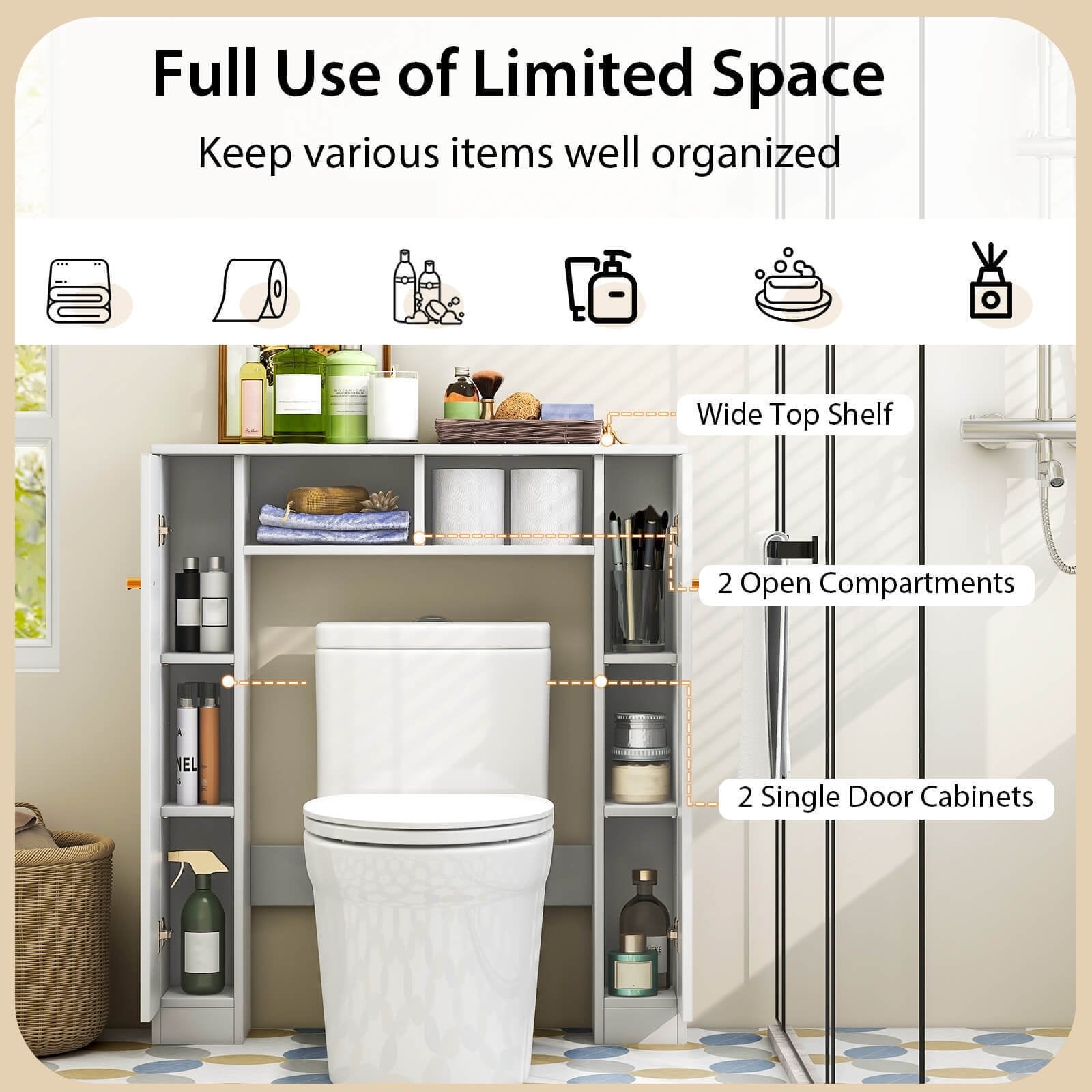 Over The Toilet Storage Cabinet with 2 Open Compartments and 4 Adjustable Shelves, White Bathroom Etagere   at Gallery Canada