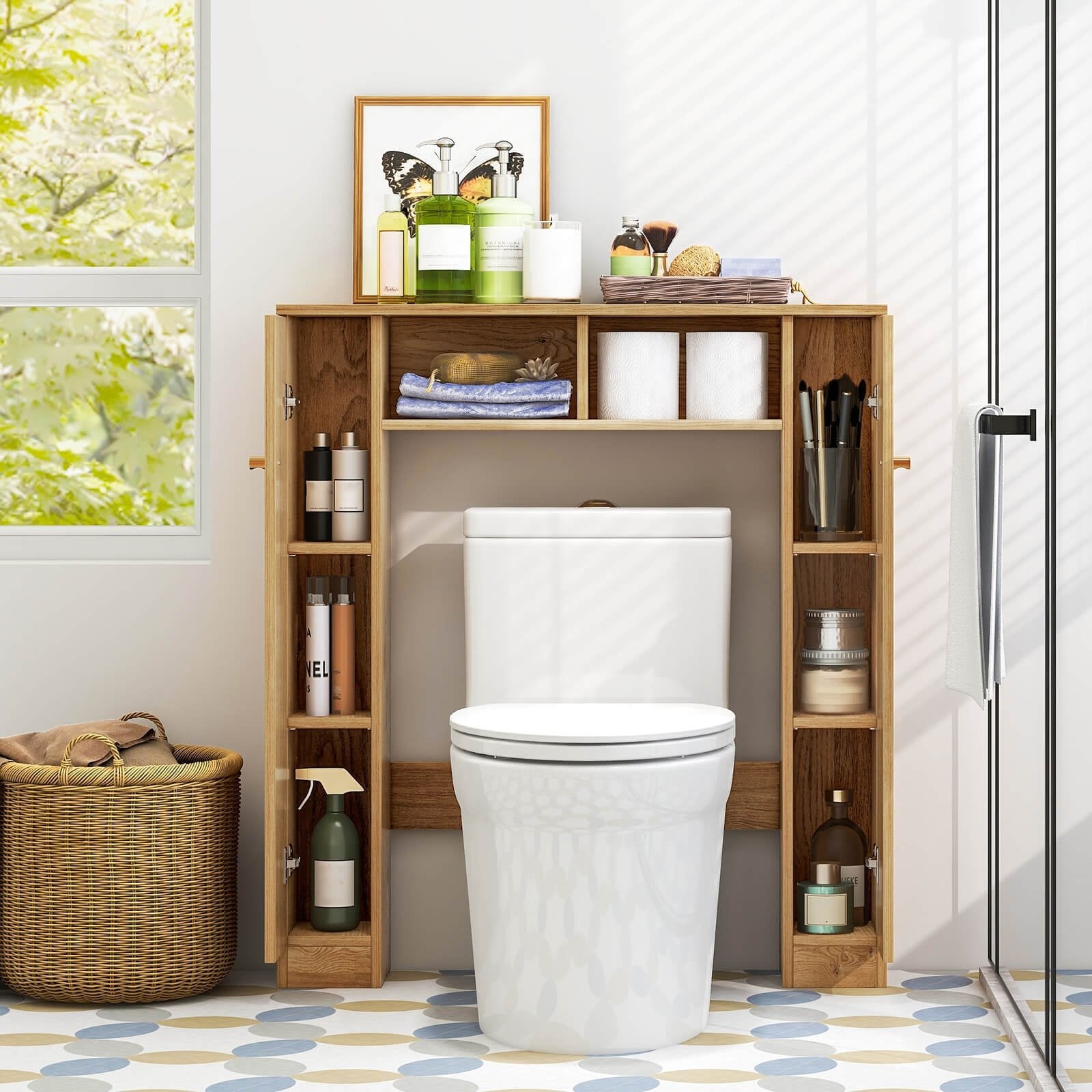 Over The Toilet Storage Cabinet with 2 Open Compartments and 4 Adjustable Shelves, Natural Bathroom Etagere   at Gallery Canada