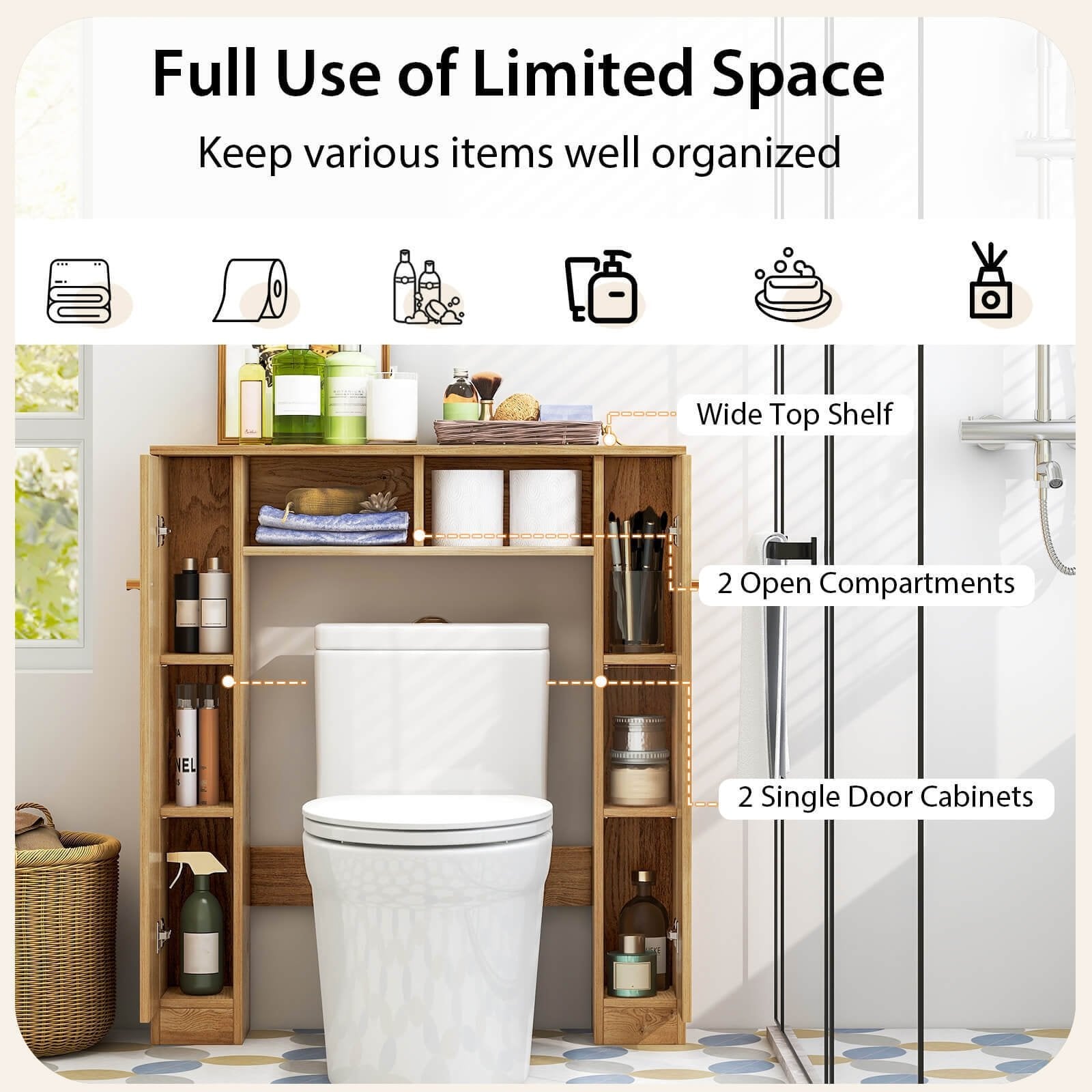 Over The Toilet Storage Cabinet with 2 Open Compartments and 4 Adjustable Shelves, Natural Bathroom Etagere   at Gallery Canada