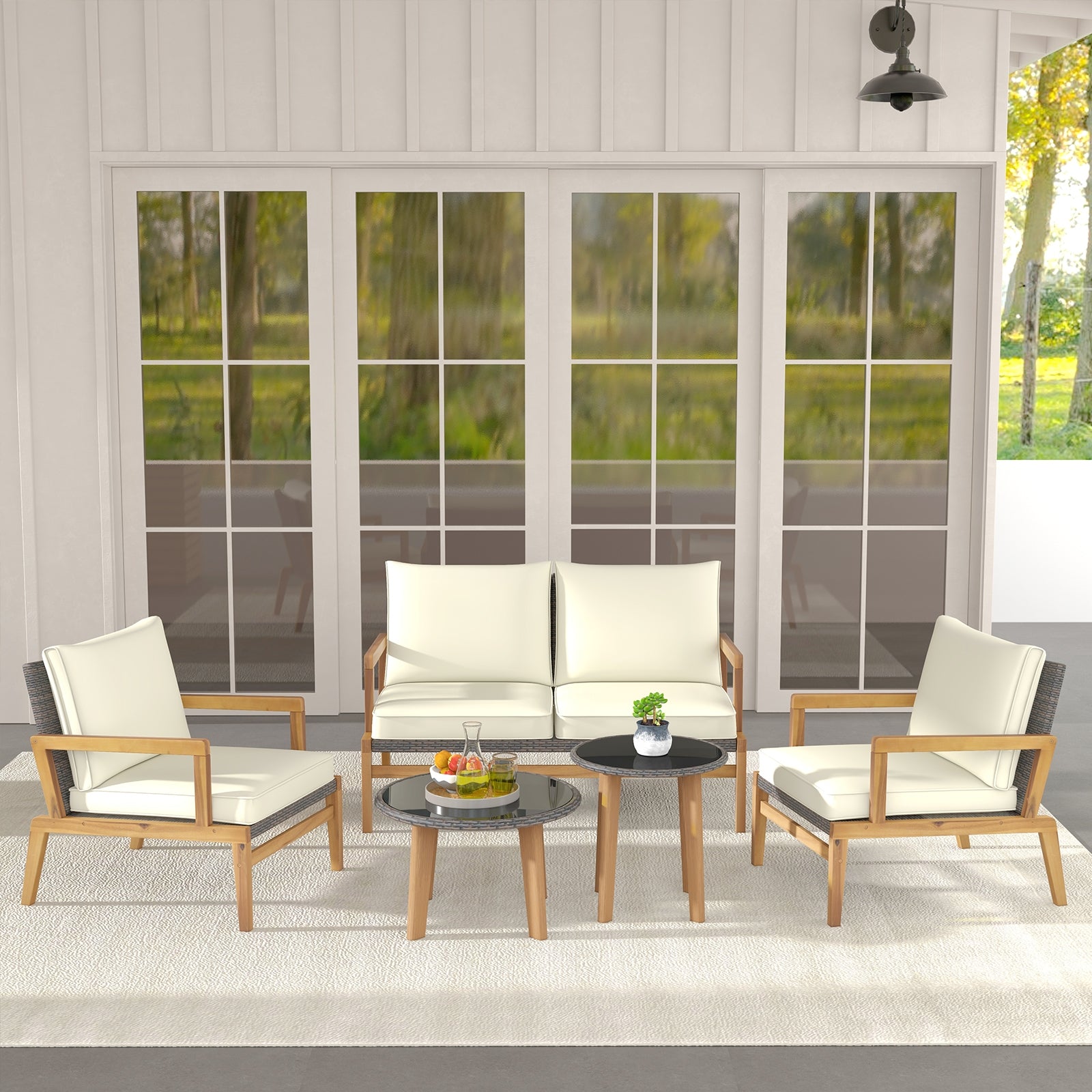 5 Piece Rattan Furniture Set Wicker Woven Sofa Set with 2 Tempered Glass Coffee Tables, Off White Patio Conversation Sets   at Gallery Canada