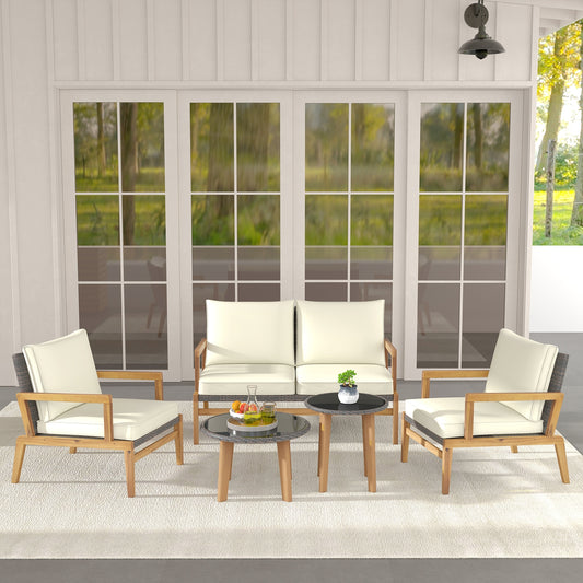 5 Piece Rattan Furniture Set Wicker Woven Sofa Set with 2 Tempered Glass Coffee Tables, Off White Patio Conversation Sets Off White  at Gallery Canada