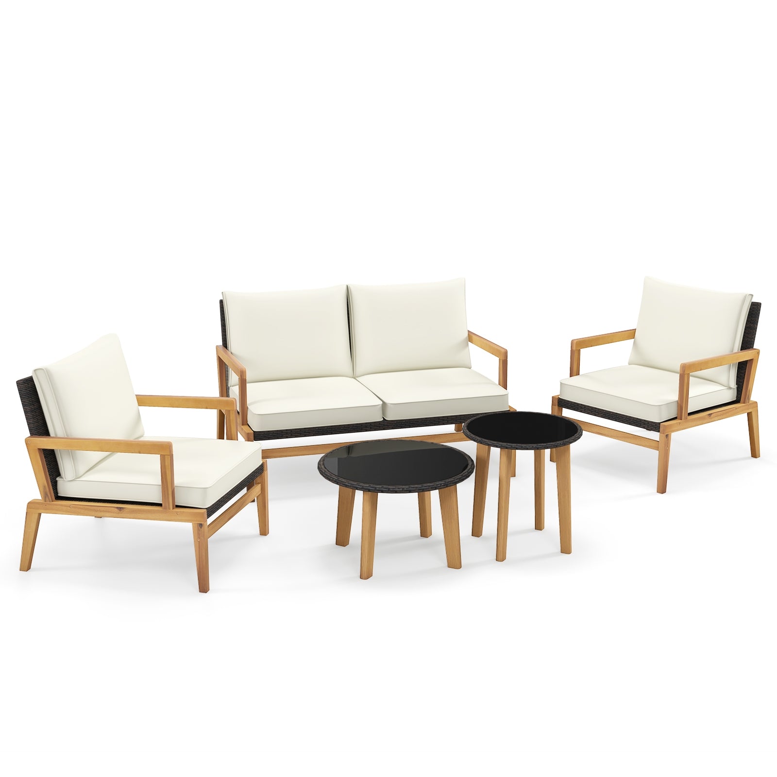 5 Piece Rattan Furniture Set Wicker Woven Sofa Set with 2 Tempered Glass Coffee Tables, Off White Patio Conversation Sets Off White  at Gallery Canada