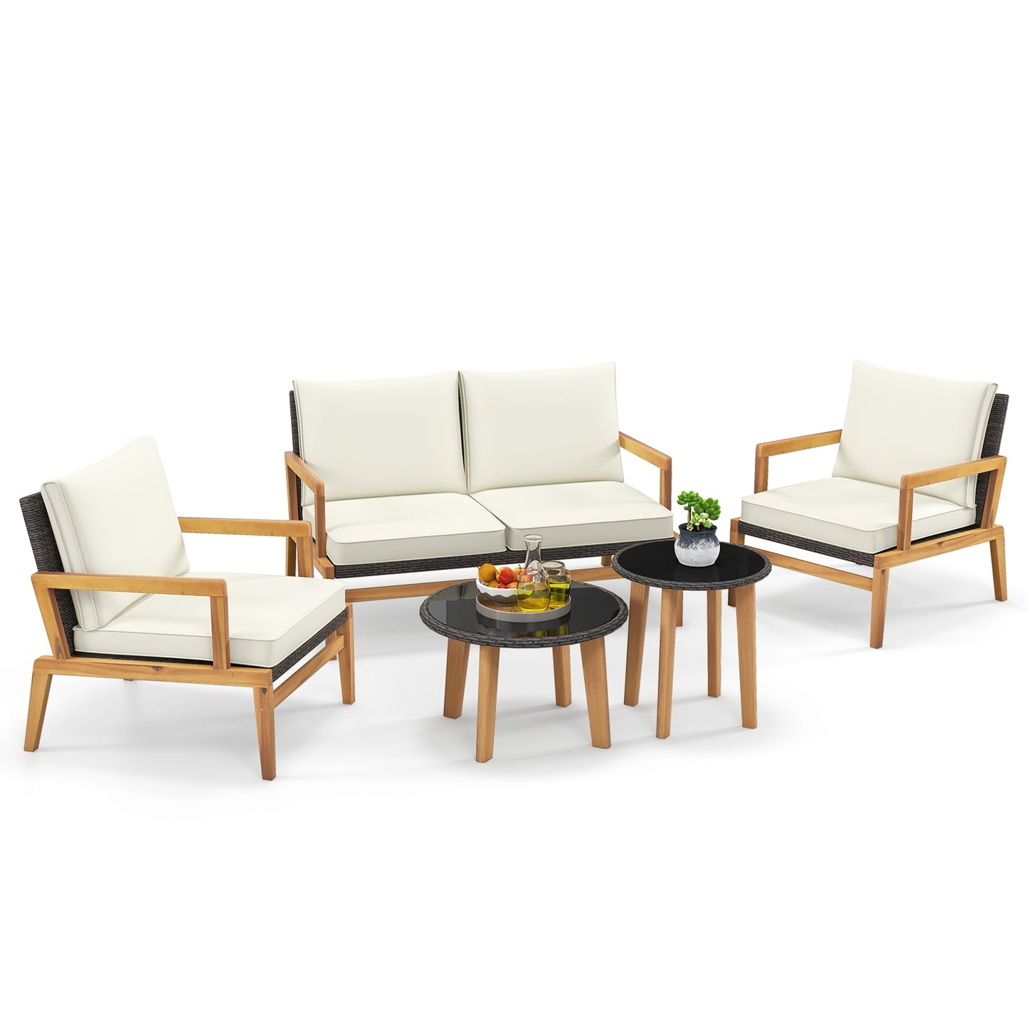 5 Piece Rattan Furniture Set Wicker Woven Sofa Set with 2 Tempered Glass Coffee Tables, Off White Patio Conversation Sets   at Gallery Canada