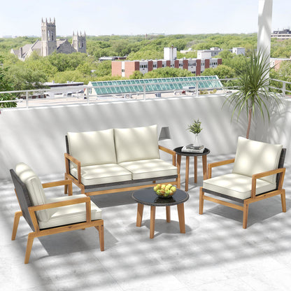 5 Piece Rattan Furniture Set Wicker Woven Sofa Set with 2 Tempered Glass Coffee Tables, Off White Patio Conversation Sets   at Gallery Canada