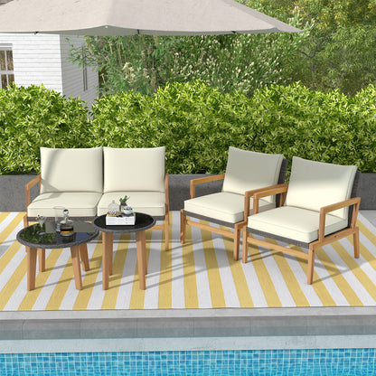 5 Piece Rattan Furniture Set Wicker Woven Sofa Set with 2 Tempered Glass Coffee Tables, Off White Patio Conversation Sets   at Gallery Canada