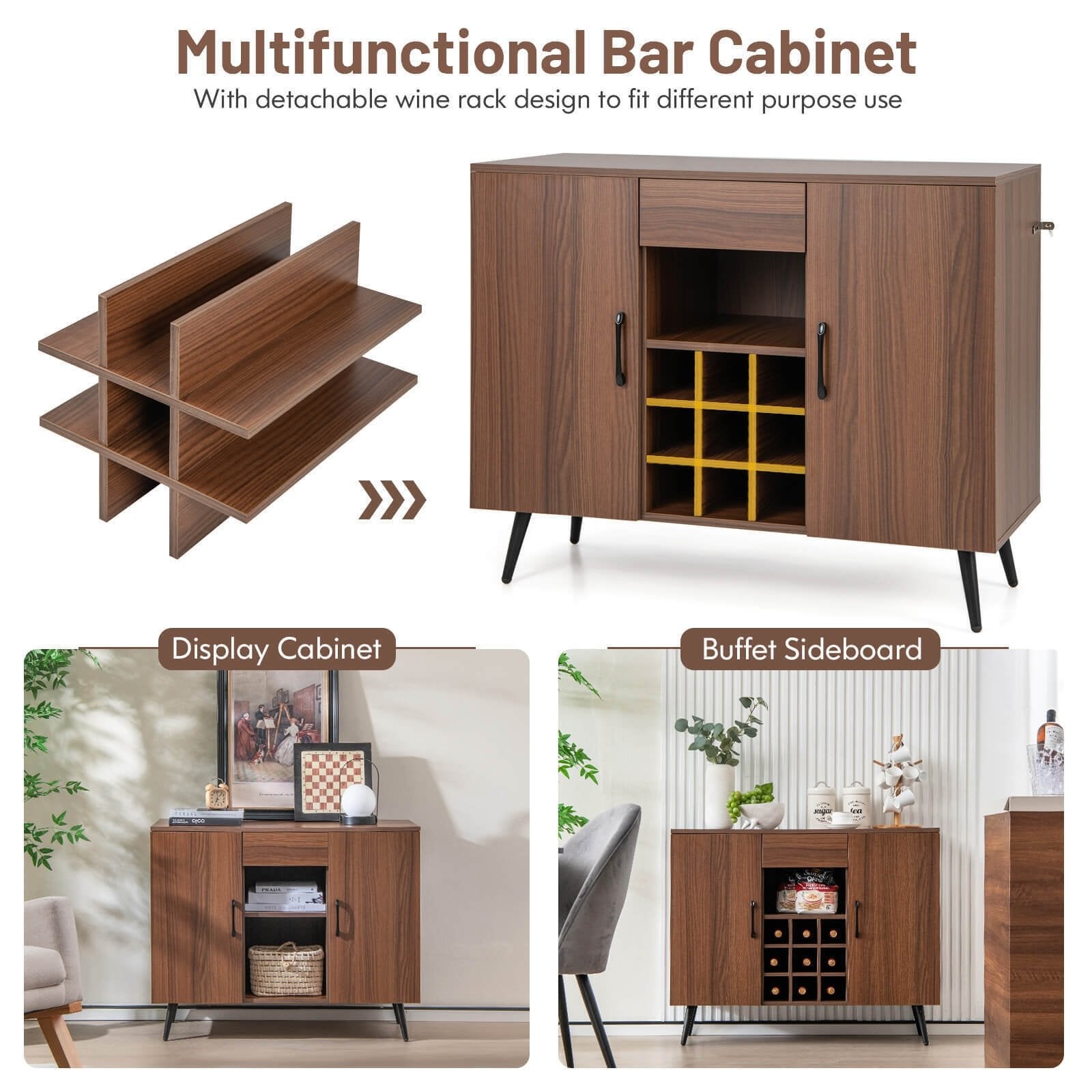 Mid-century Modern Buffet Sideboard Server Cabinet with 9-Bottle Wine Rack, Walnut Sideboards Cabinets & Buffets   at Gallery Canada