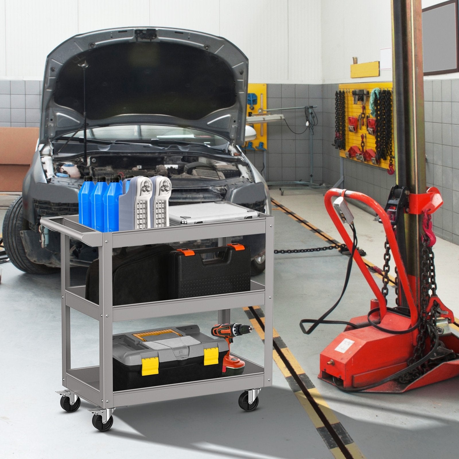 3-Tier Metal Utility Cart Trolley Tool with Flat Handle and 2 Lockable Universal Wheels, Gray Garages   at Gallery Canada