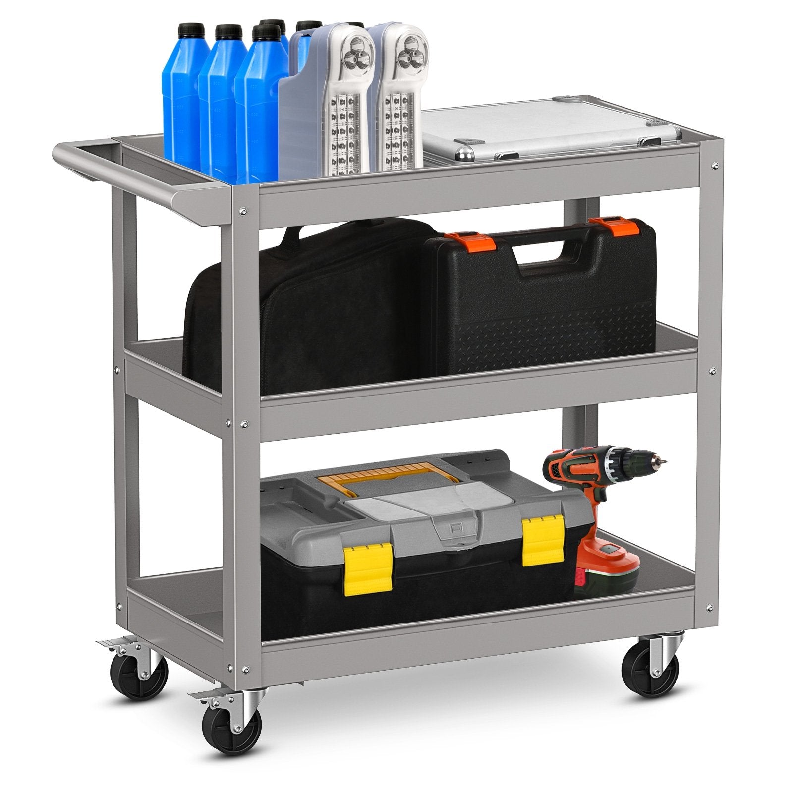 3-Tier Metal Utility Cart Trolley Tool with Flat Handle and 2 Lockable Universal Wheels, Gray Garages   at Gallery Canada