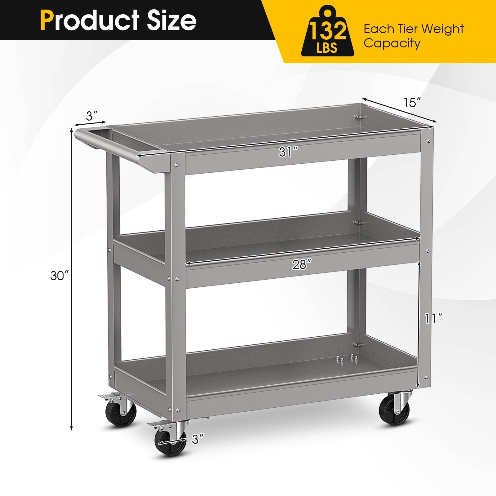 3-Tier Metal Utility Cart Trolley Tool with Flat Handle and 2 Lockable Universal Wheels, Gray Garages   at Gallery Canada