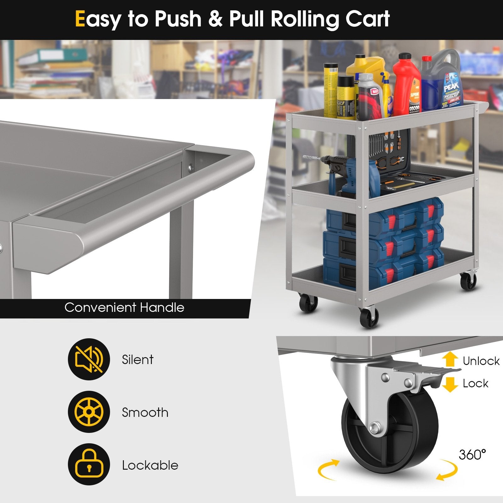 3-Tier Metal Utility Cart Trolley Tool with Flat Handle and 2 Lockable Universal Wheels, Gray Garages   at Gallery Canada