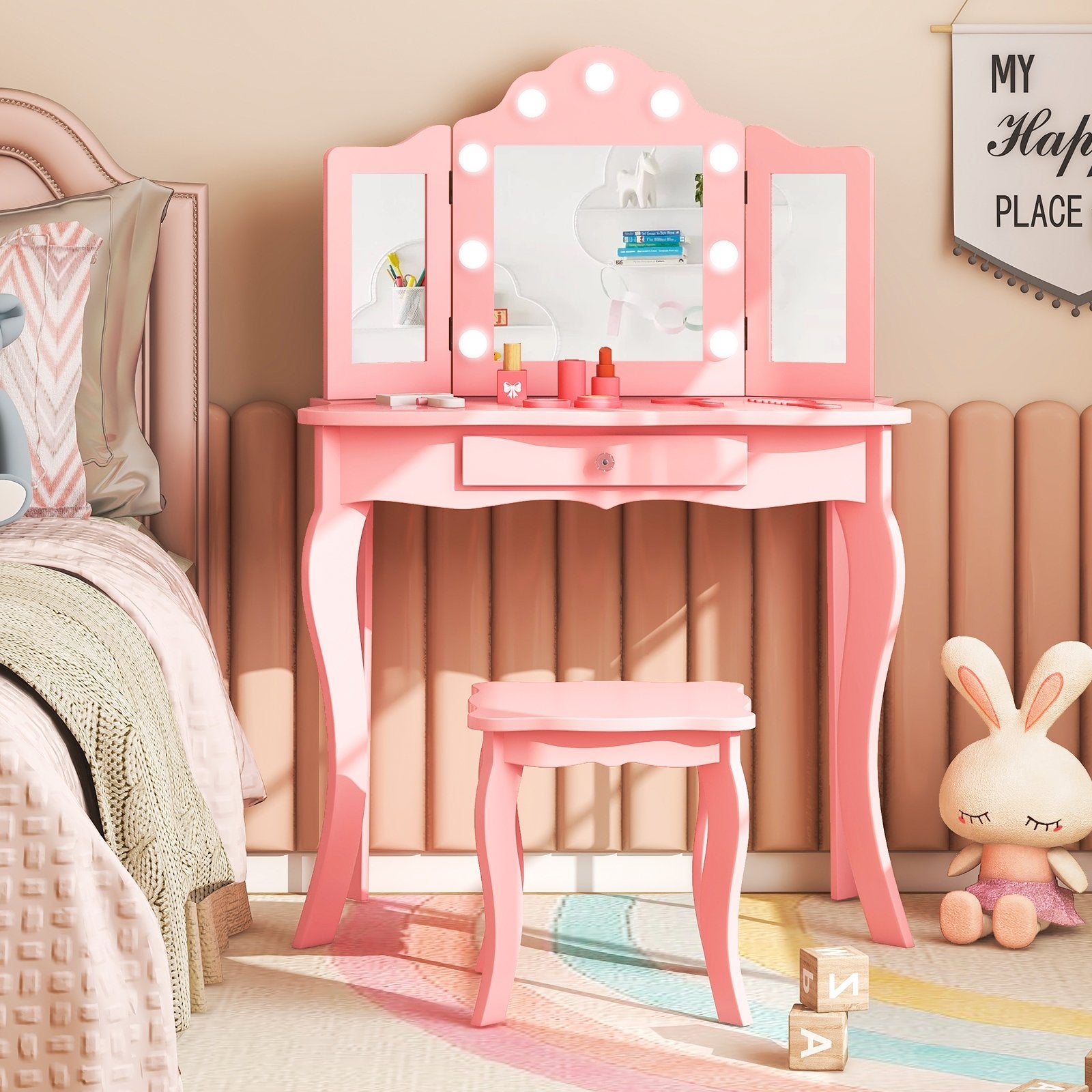 Kid Vanity Table Stool Set with Tri-Folding Mirror and 3-Color LED Lights, Pink Kids Vanities   at Gallery Canada