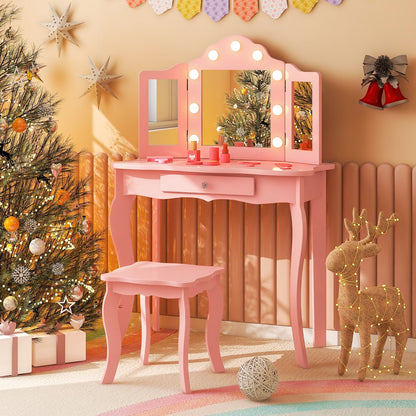 Kid Vanity Table Stool Set with Tri-Folding Mirror and 3-Color LED Lights, Pink Kids Vanities   at Gallery Canada