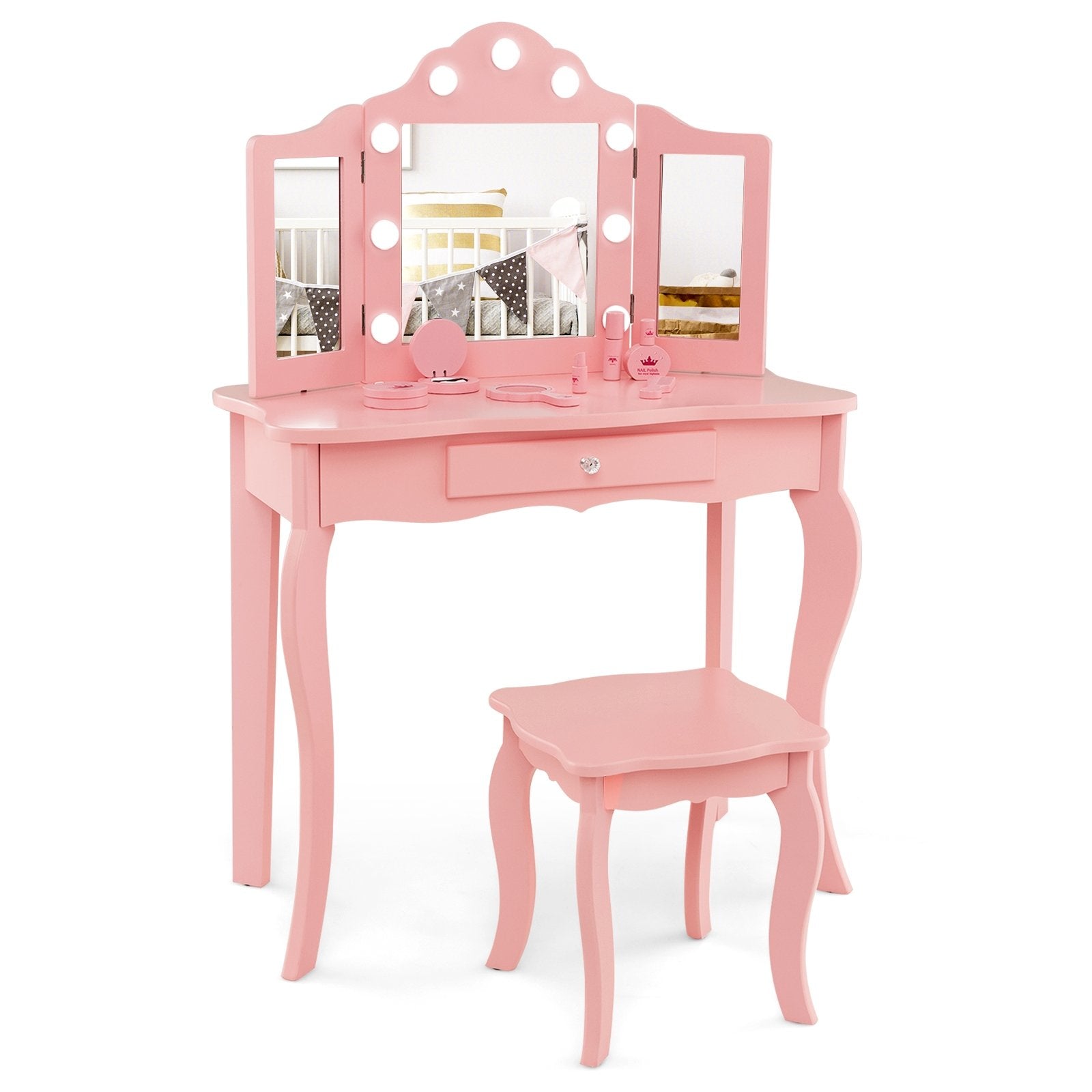 Kid Vanity Table Stool Set with Tri-Folding Mirror and 3-Color LED Lights, Pink Kids Vanities   at Gallery Canada