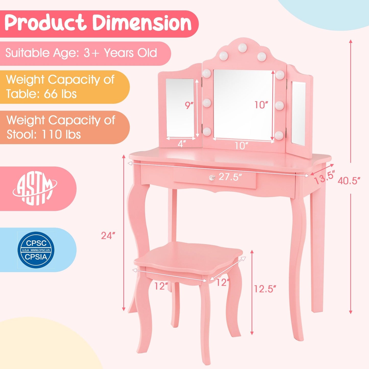 Kid Vanity Table Stool Set with Tri-Folding Mirror and 3-Color LED Lights, Pink Kids Vanities   at Gallery Canada