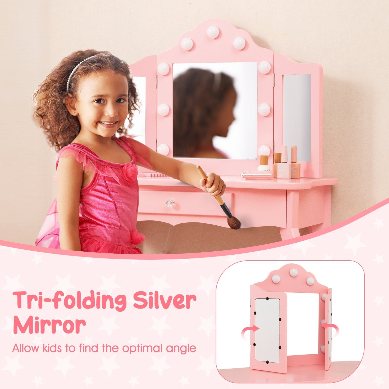 Kid Vanity Table Stool Set with Tri-Folding Mirror and 3-Color LED Lights, Pink Kids Vanities   at Gallery Canada