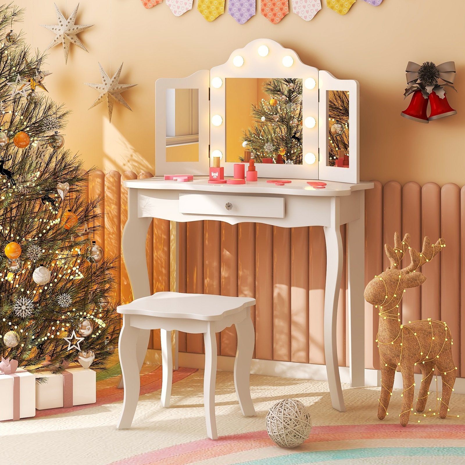 Kid Vanity Table Stool Set with Tri-Folding Mirror and 3-Color LED Lights, White Kids Vanities   at Gallery Canada