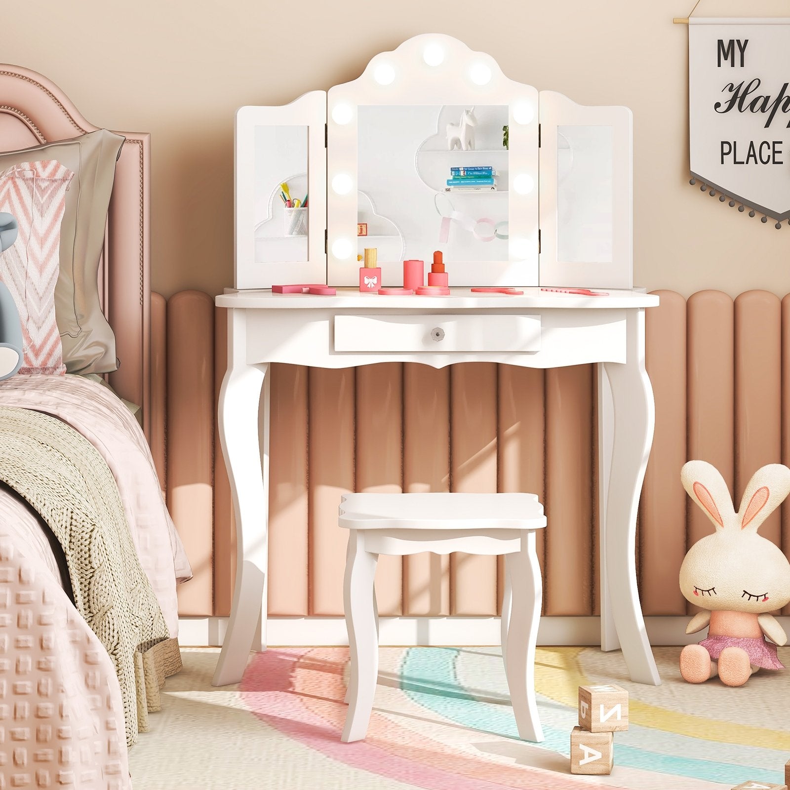 Kid Vanity Table Stool Set with Tri-Folding Mirror and 3-Color LED Lights, White Kids Vanities   at Gallery Canada