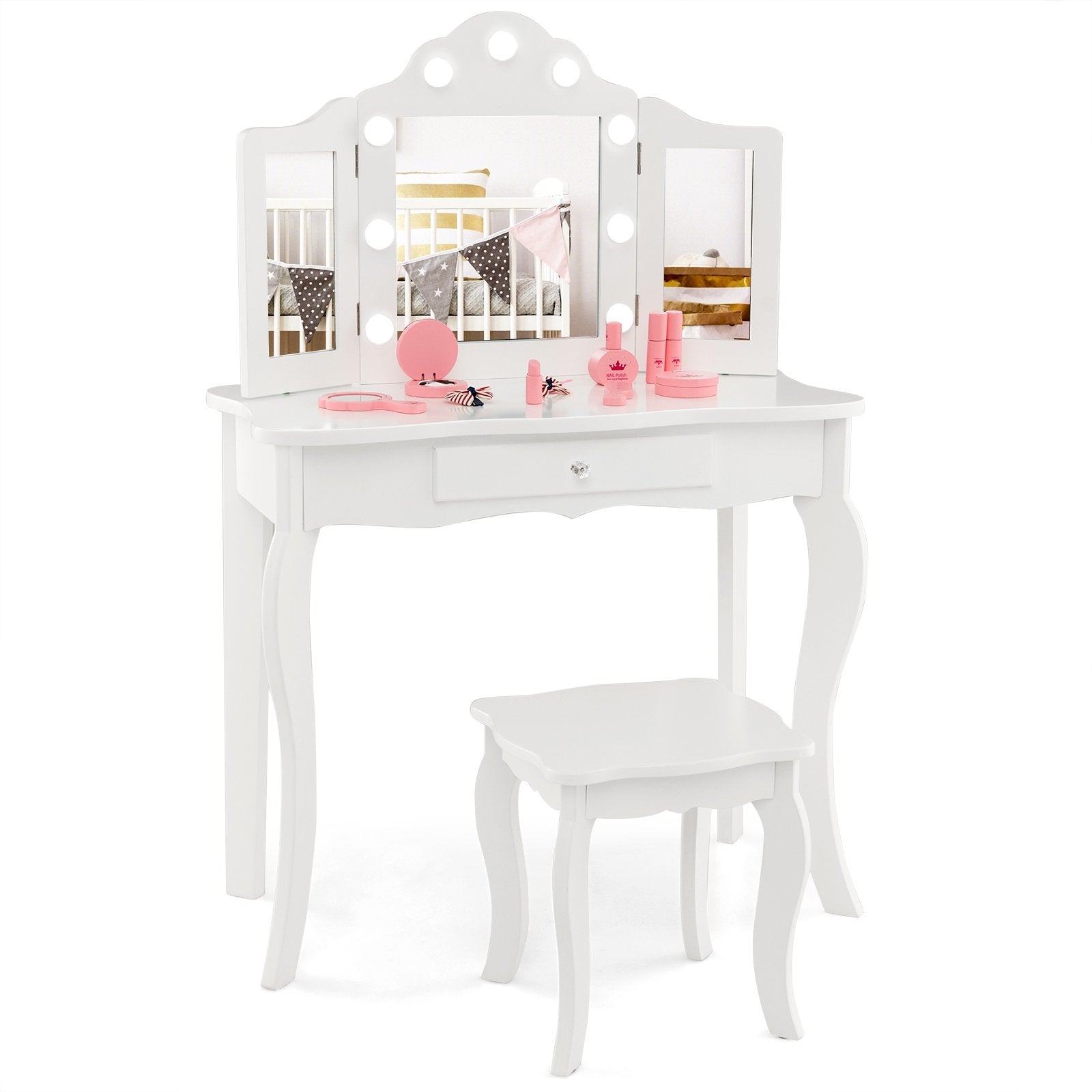 Kid Vanity Table Stool Set with Tri-Folding Mirror and 3-Color LED Lights, White Kids Vanities   at Gallery Canada