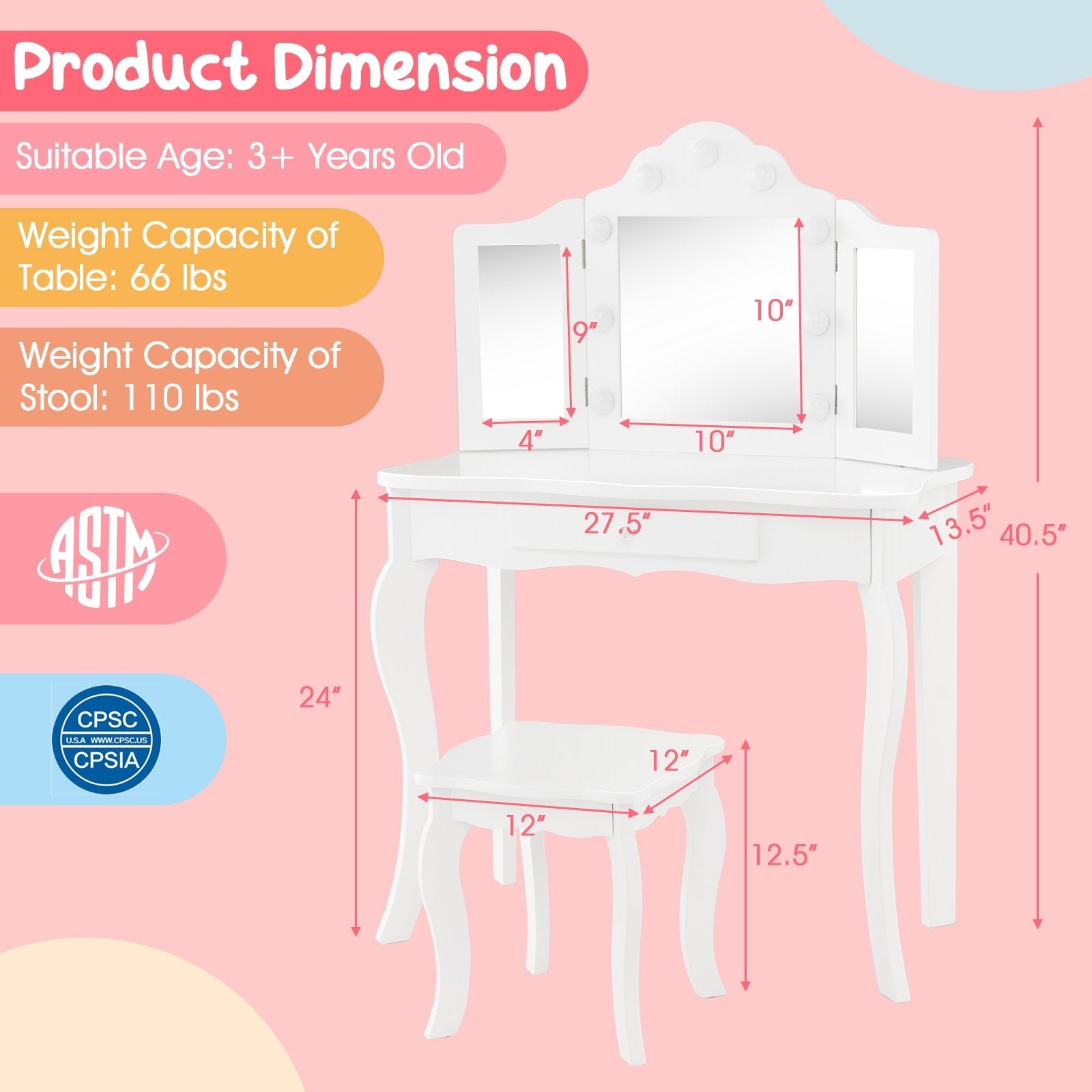 Kid Vanity Table Stool Set with Tri-Folding Mirror and 3-Color LED Lights, White Kids Vanities   at Gallery Canada