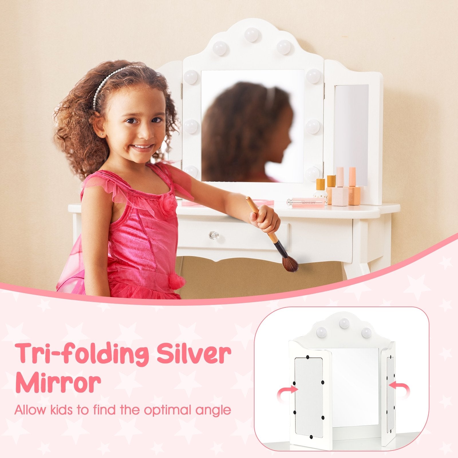 Kid Vanity Table Stool Set with Tri-Folding Mirror and 3-Color LED Lights, White Kids Vanities   at Gallery Canada