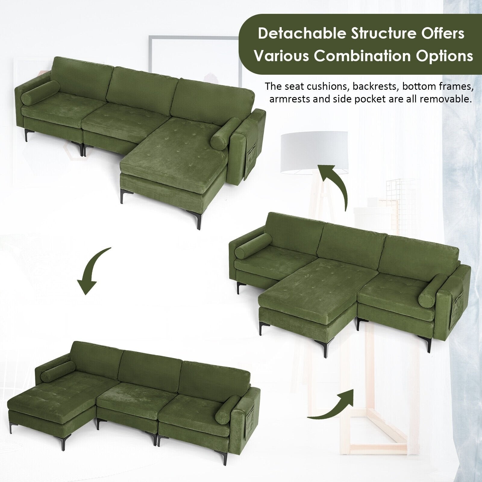 Modular 2-seat/3-Seat/4-Seat L-shaped Sectional Sofa Couch with Reversible Chaise and Socket USB Ports-3-Seat L-shaped, Army Green Sofas & Loveseats   at Gallery Canada